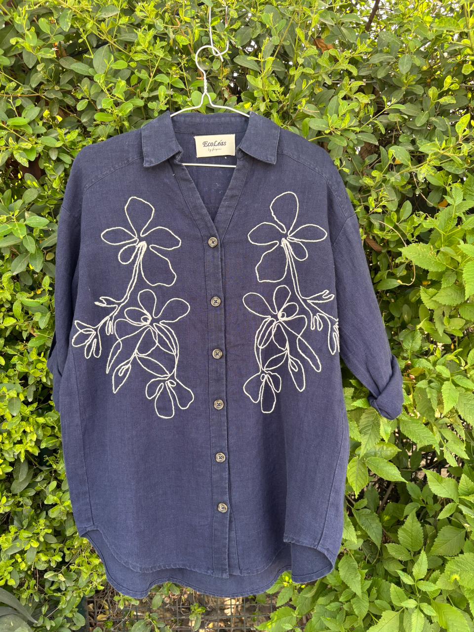 Women's Navy Blue, Embroidery Linen Shirt view 4