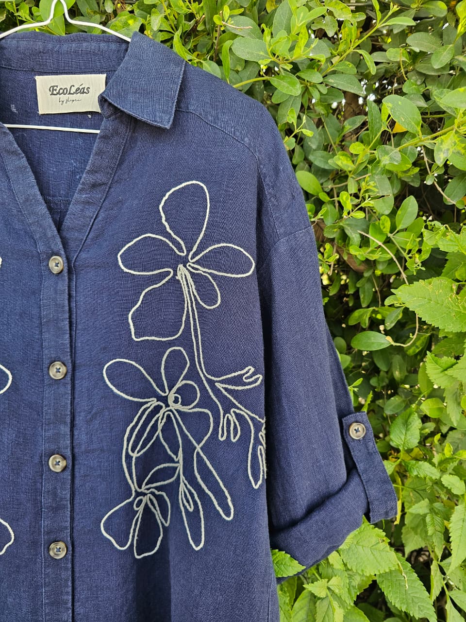 Women's Navy Blue, Embroidery Linen Shirt view 5