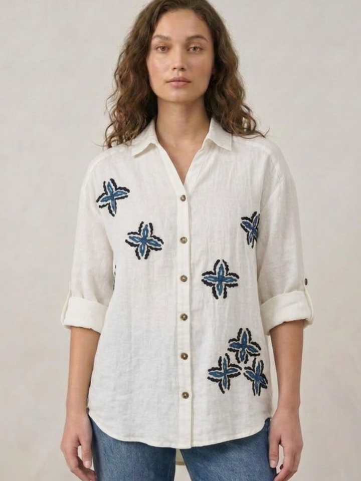 Azure Bloom Embroidered Linen Shirt