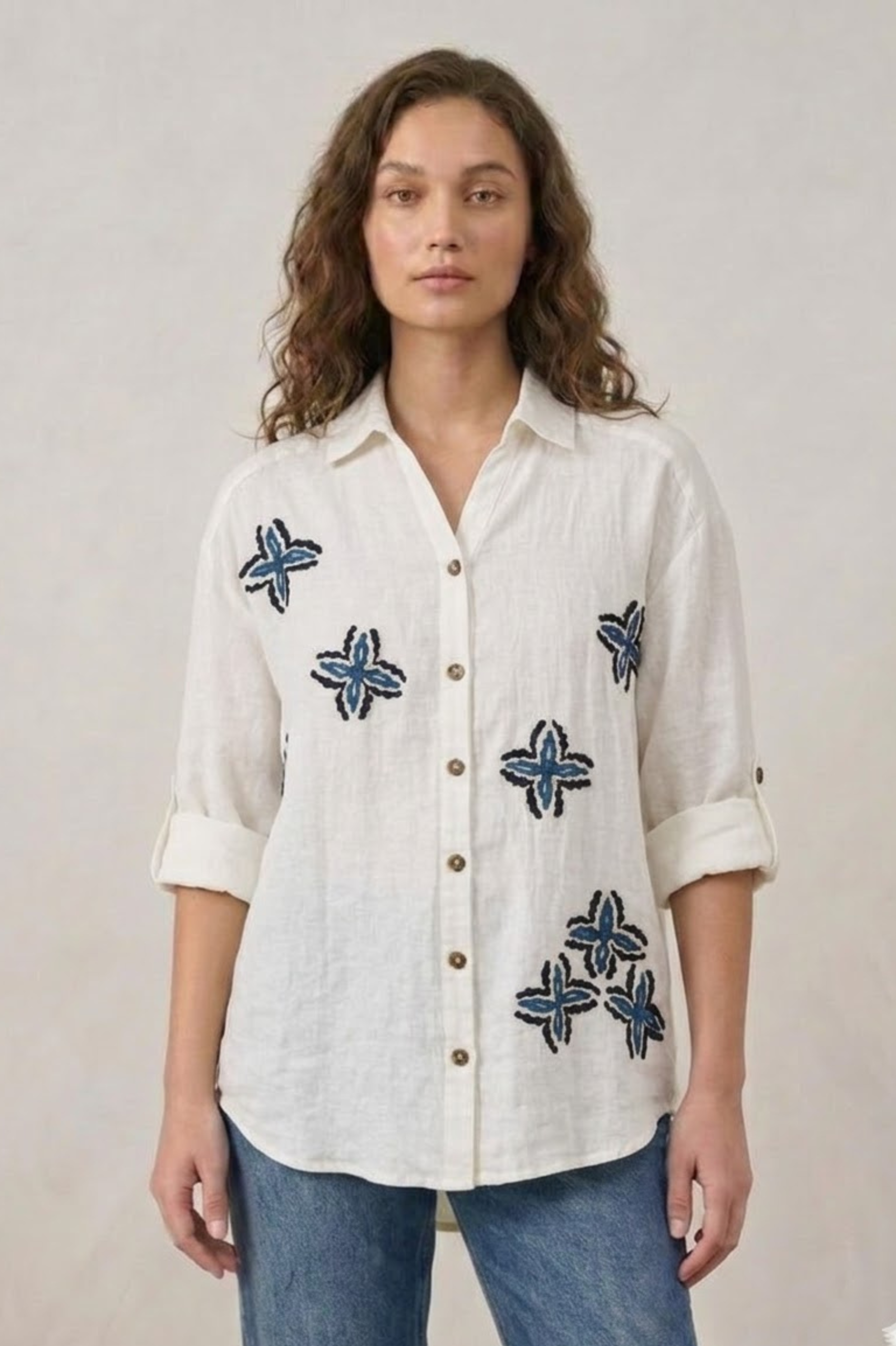 Azure Bloom Embroidered Linen Shirt