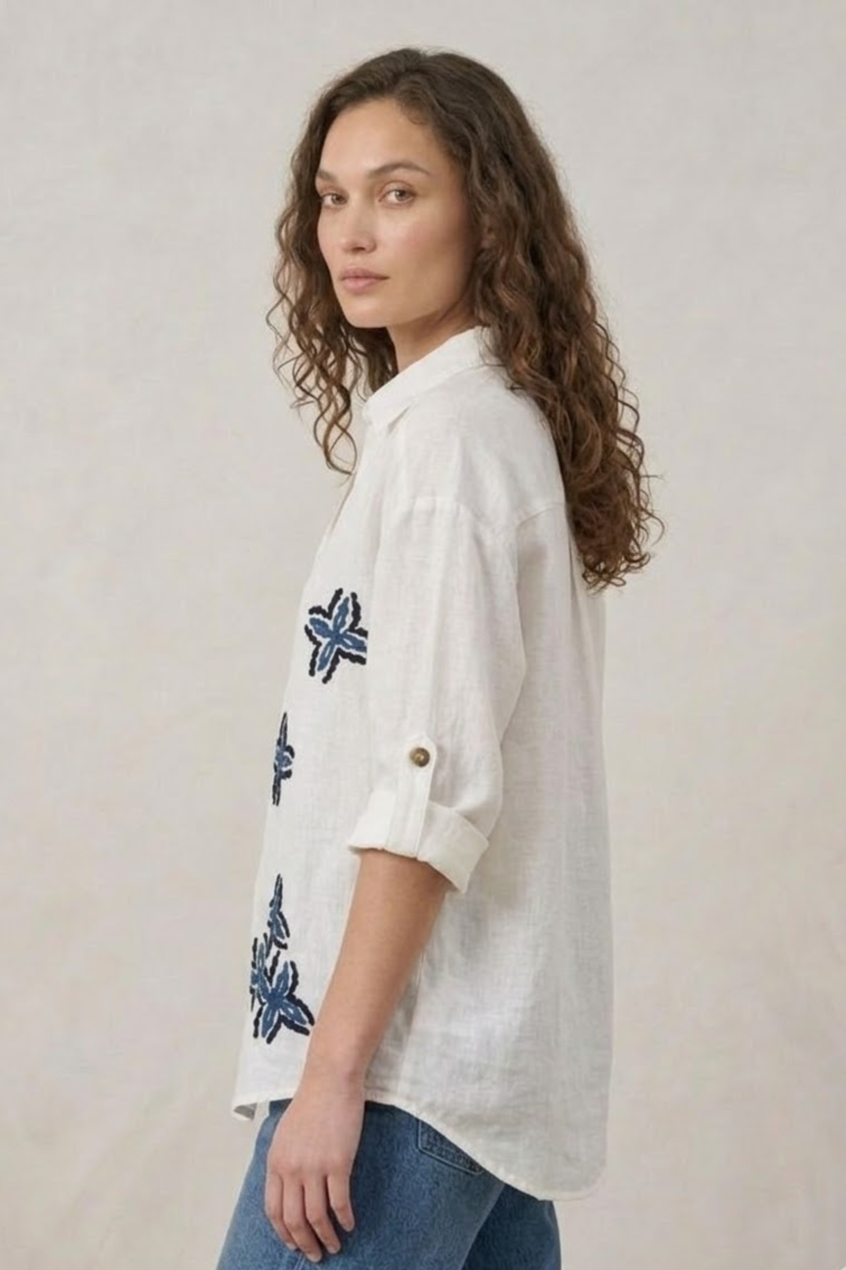 Azure Bloom Embroidered Linen Shirt view 2