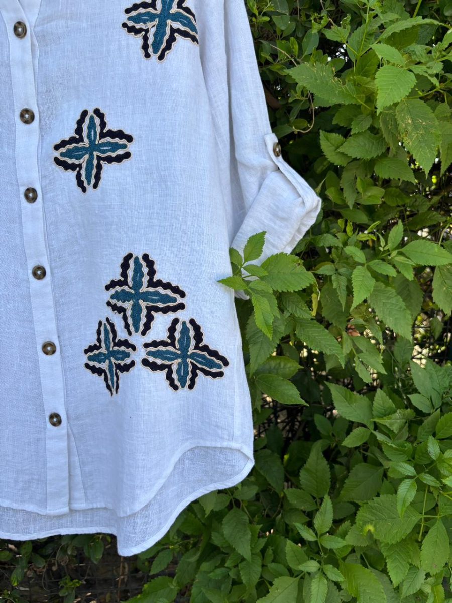 Detail of the Azure Bloom Embroidered Linen Shirt