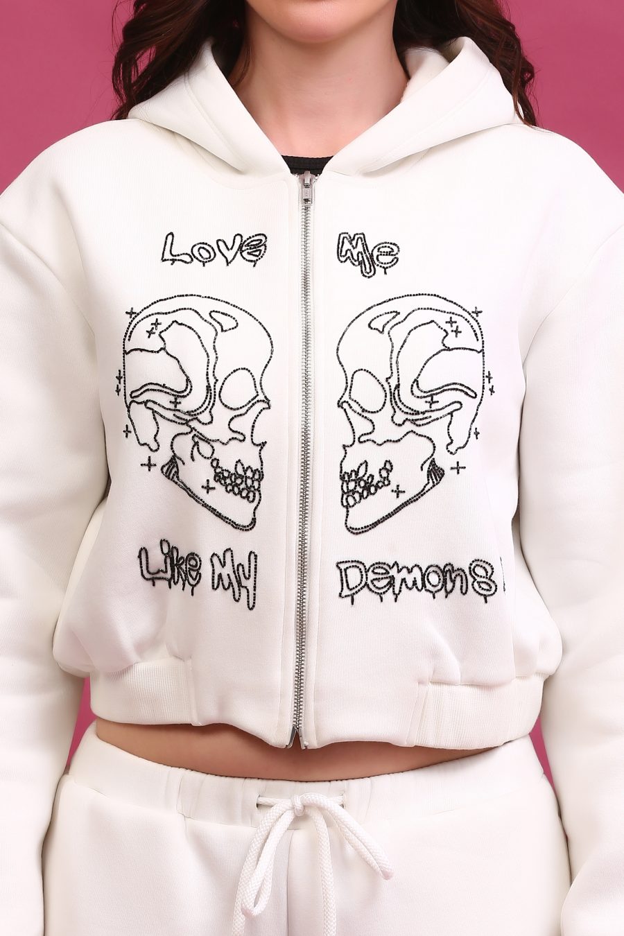Detail of the Amelia Women Embellished Skull Hoodie