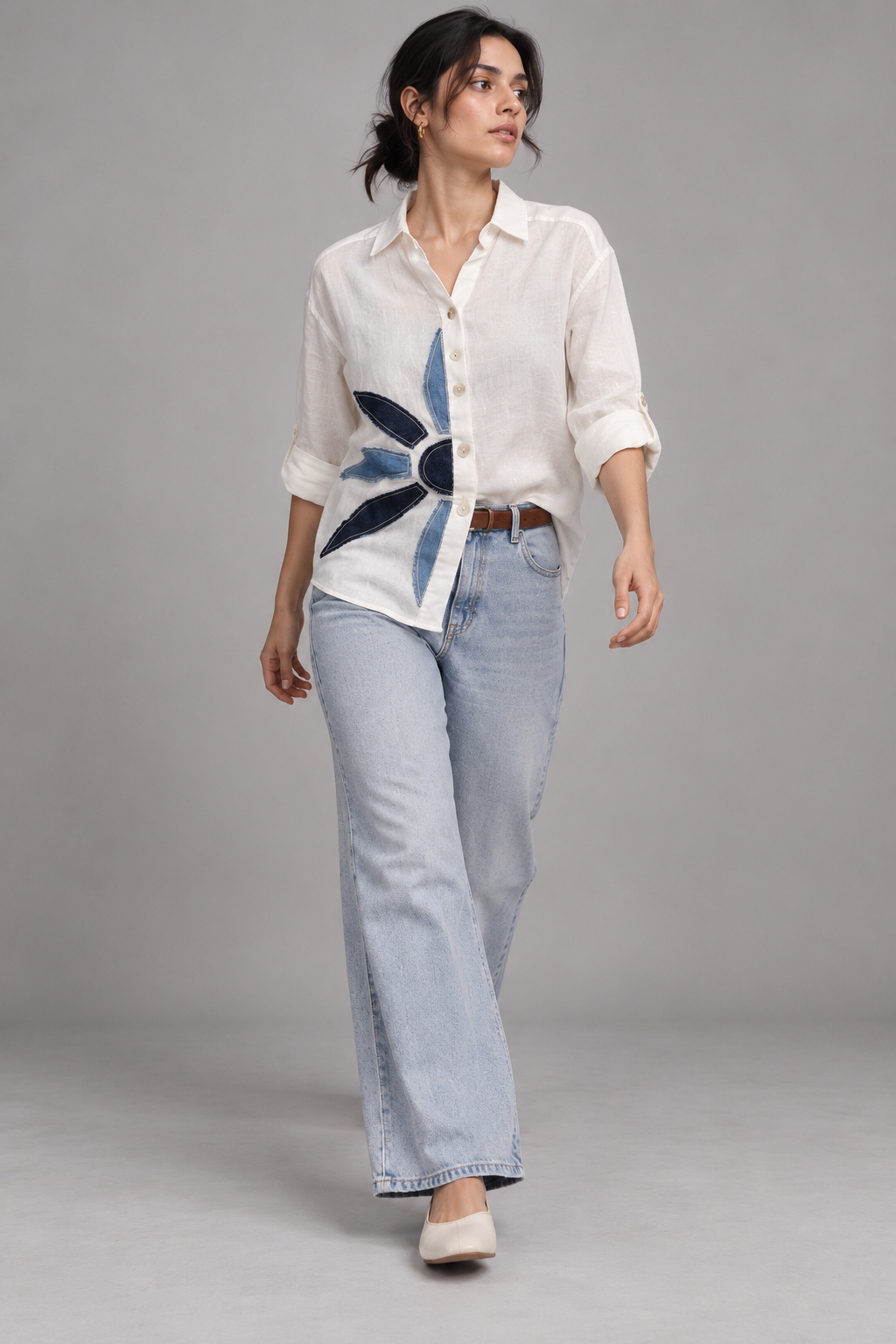 Elara Women’s Denim Patchwork Linen Shirt view 5