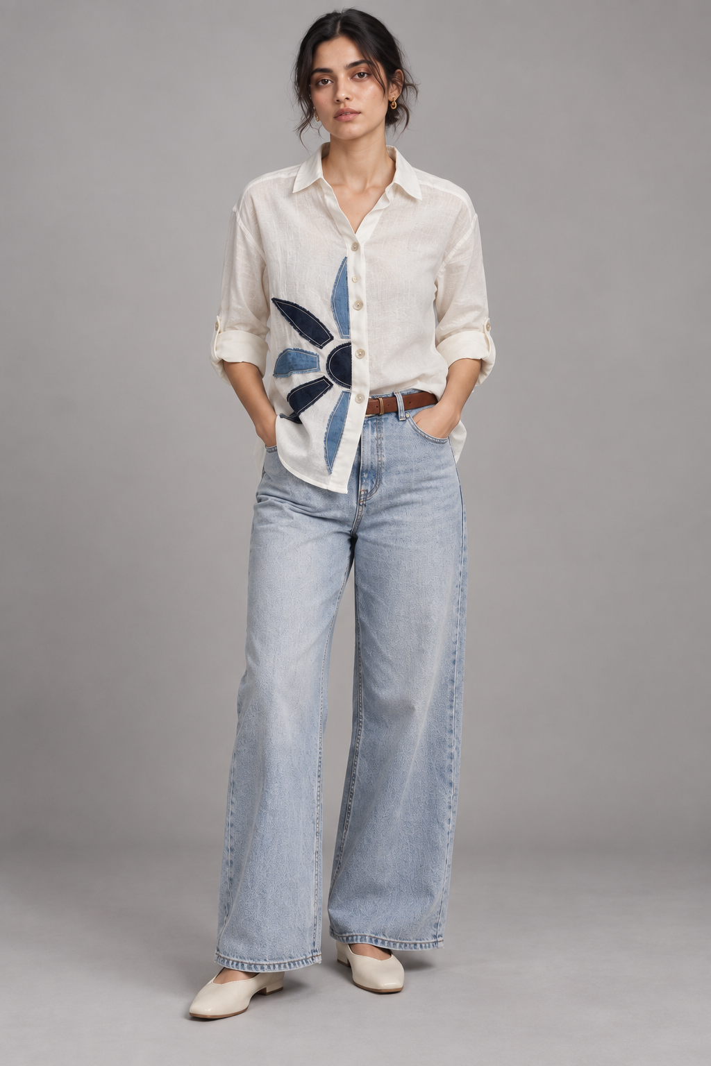 Elara Women’s Denim Patchwork Linen Shirt