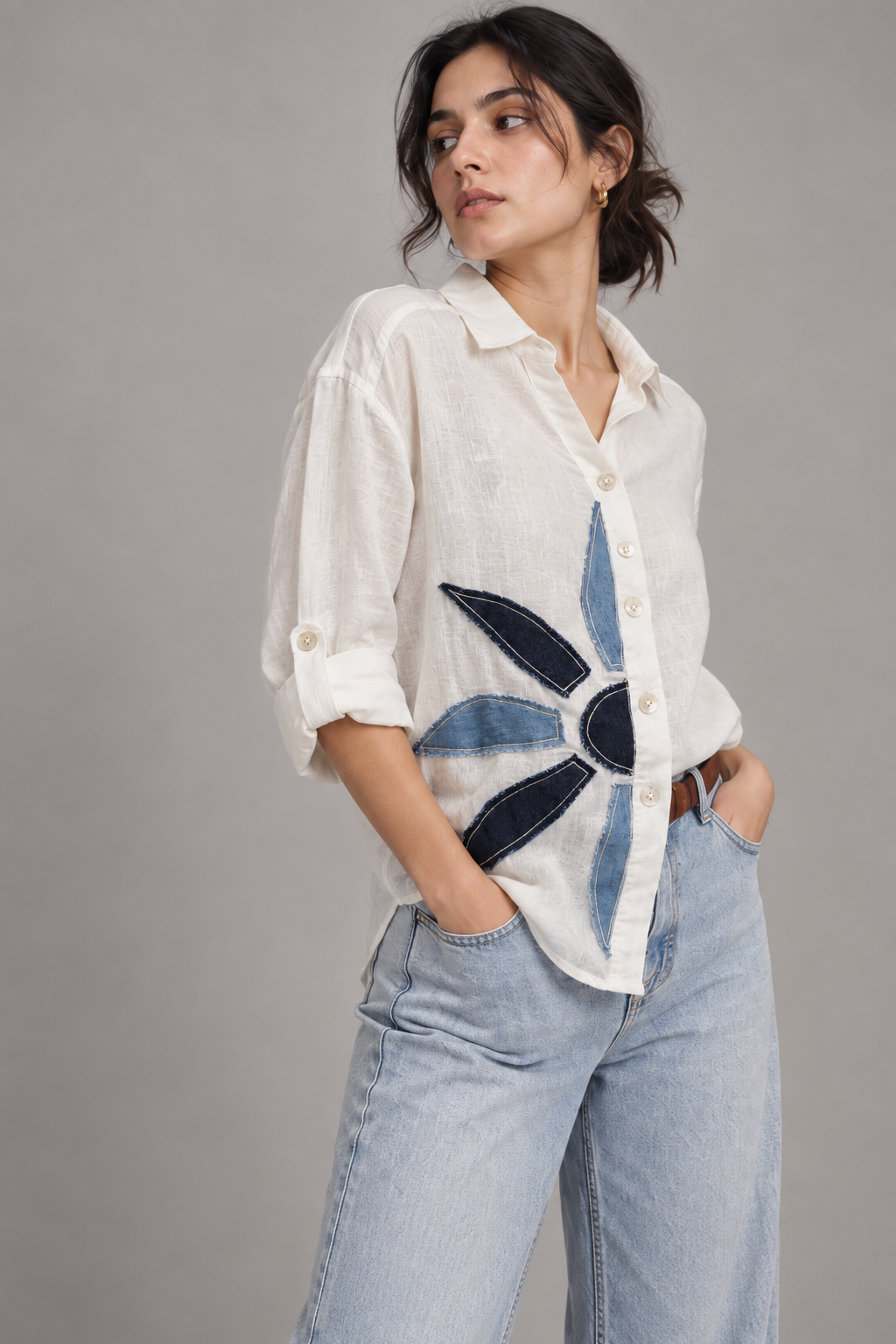 Elara Women’s Denim Patchwork Linen Shirt view 2