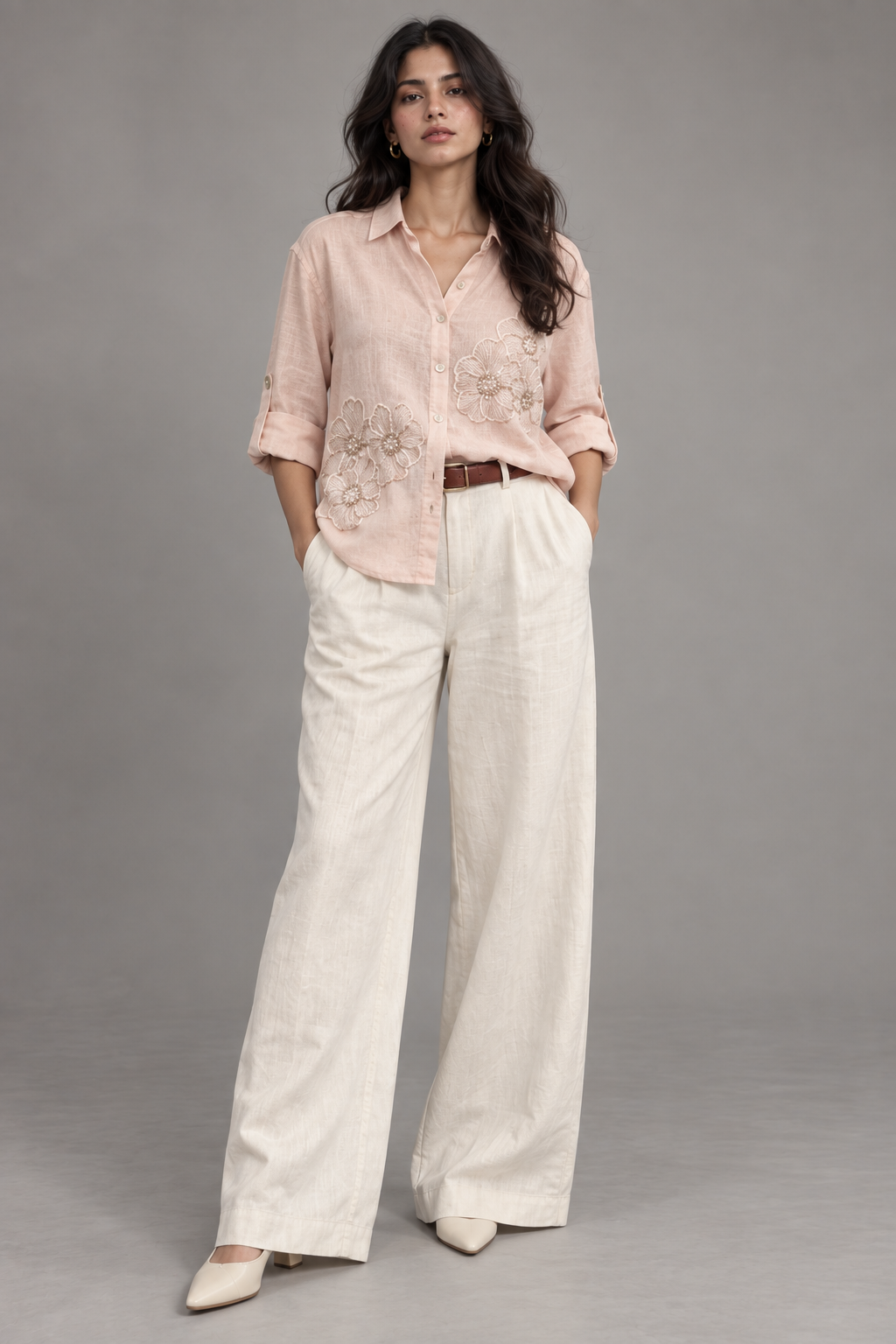 Light Pink Embroidered Linen Shirt