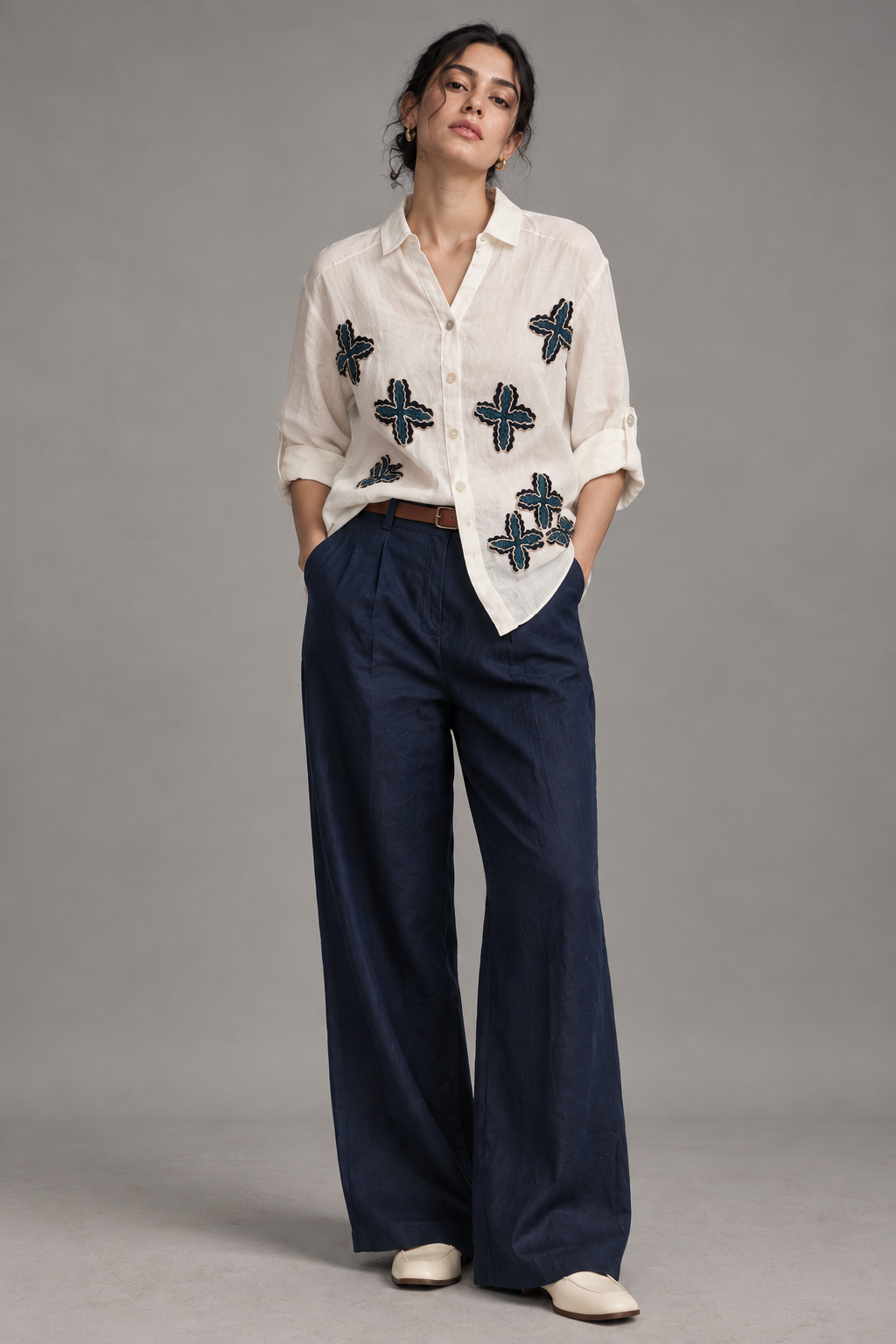 Azure Bloom Embroidered Linen Shirt