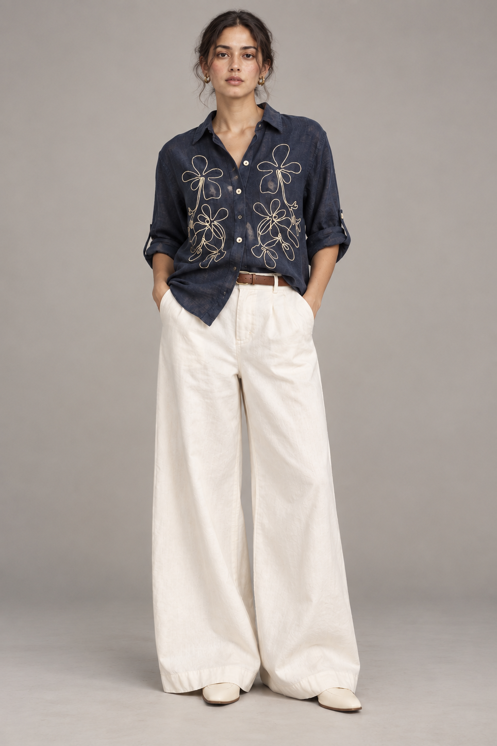 Women's Navy Blue, Embroidery Linen Shirt