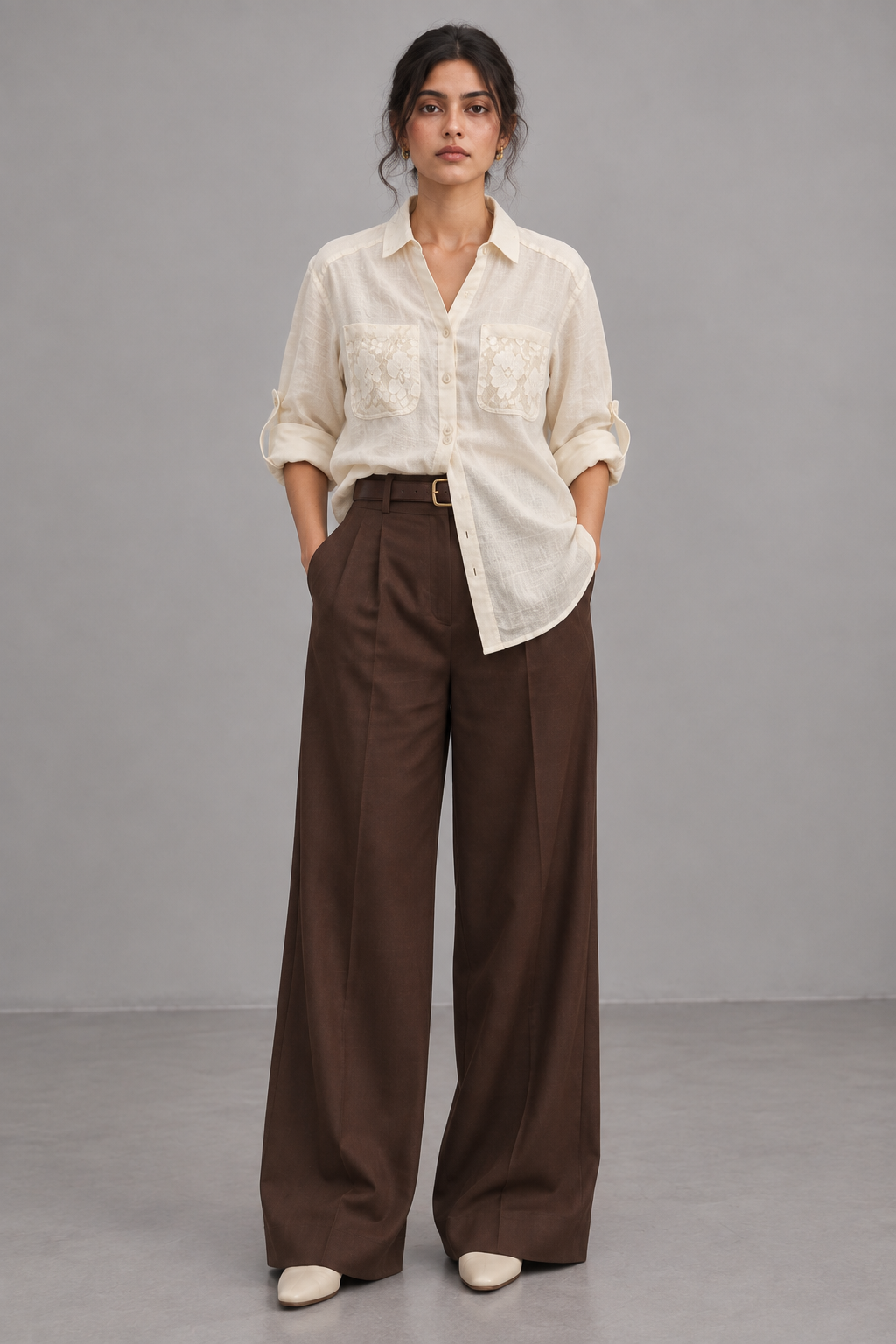 Ivory Linen Lace-Detail Shirt