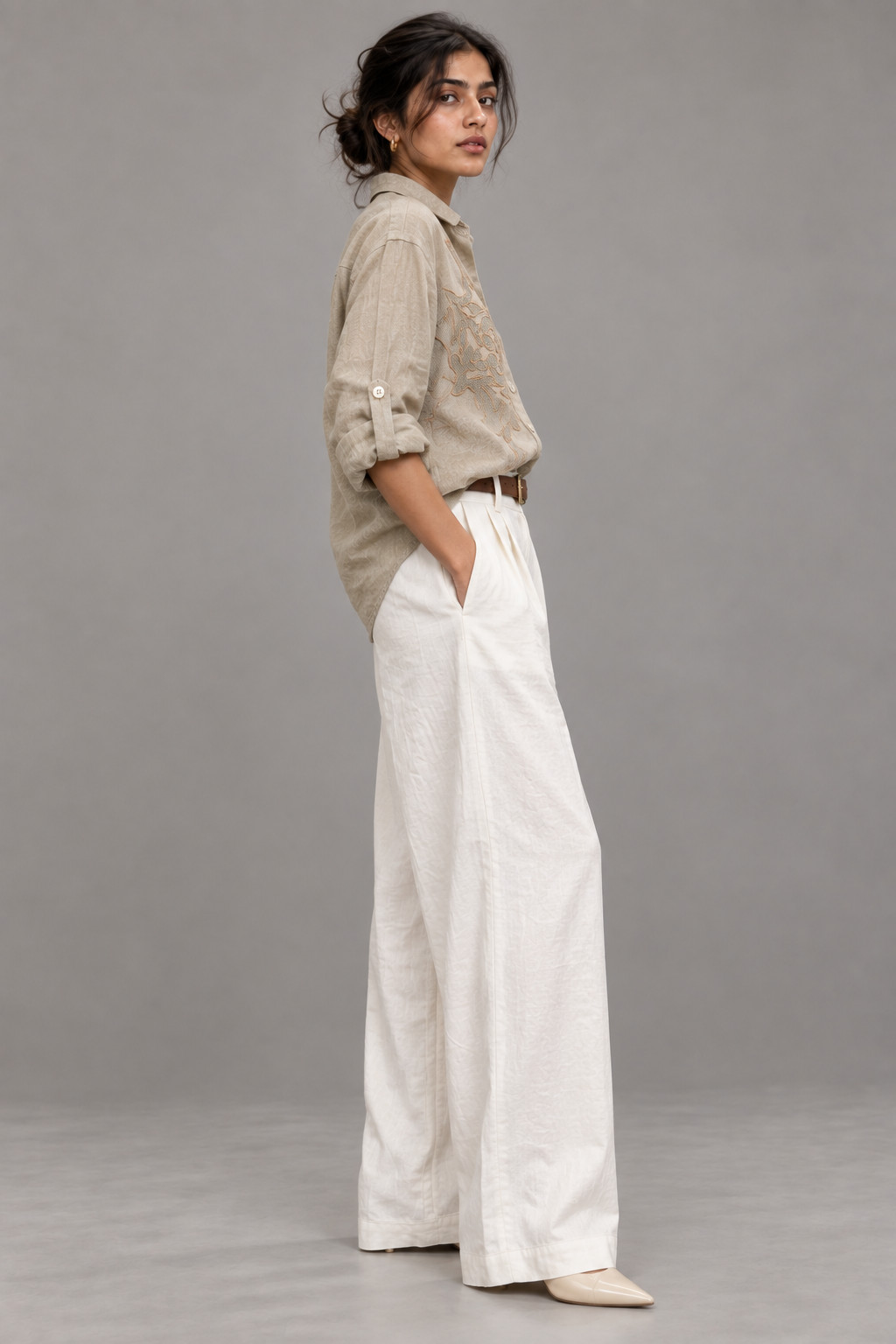 Beige Tonal Embroidered Linen Shirt for Women