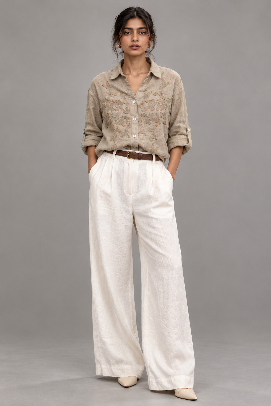 Beige Tonal Embroidered Linen Shirt for Women view 2