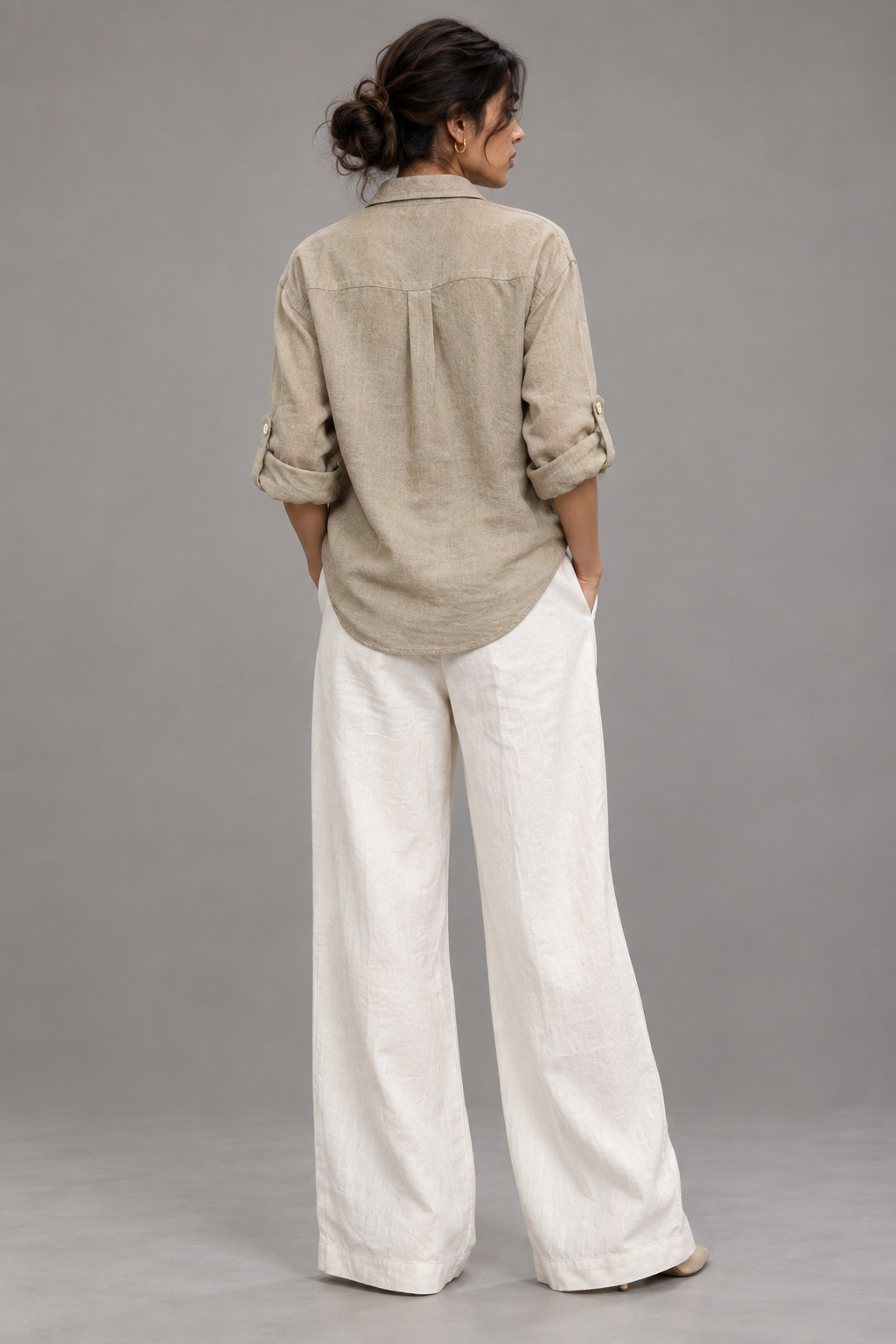 Beige Tonal Embroidered Linen Shirt for Women view 3