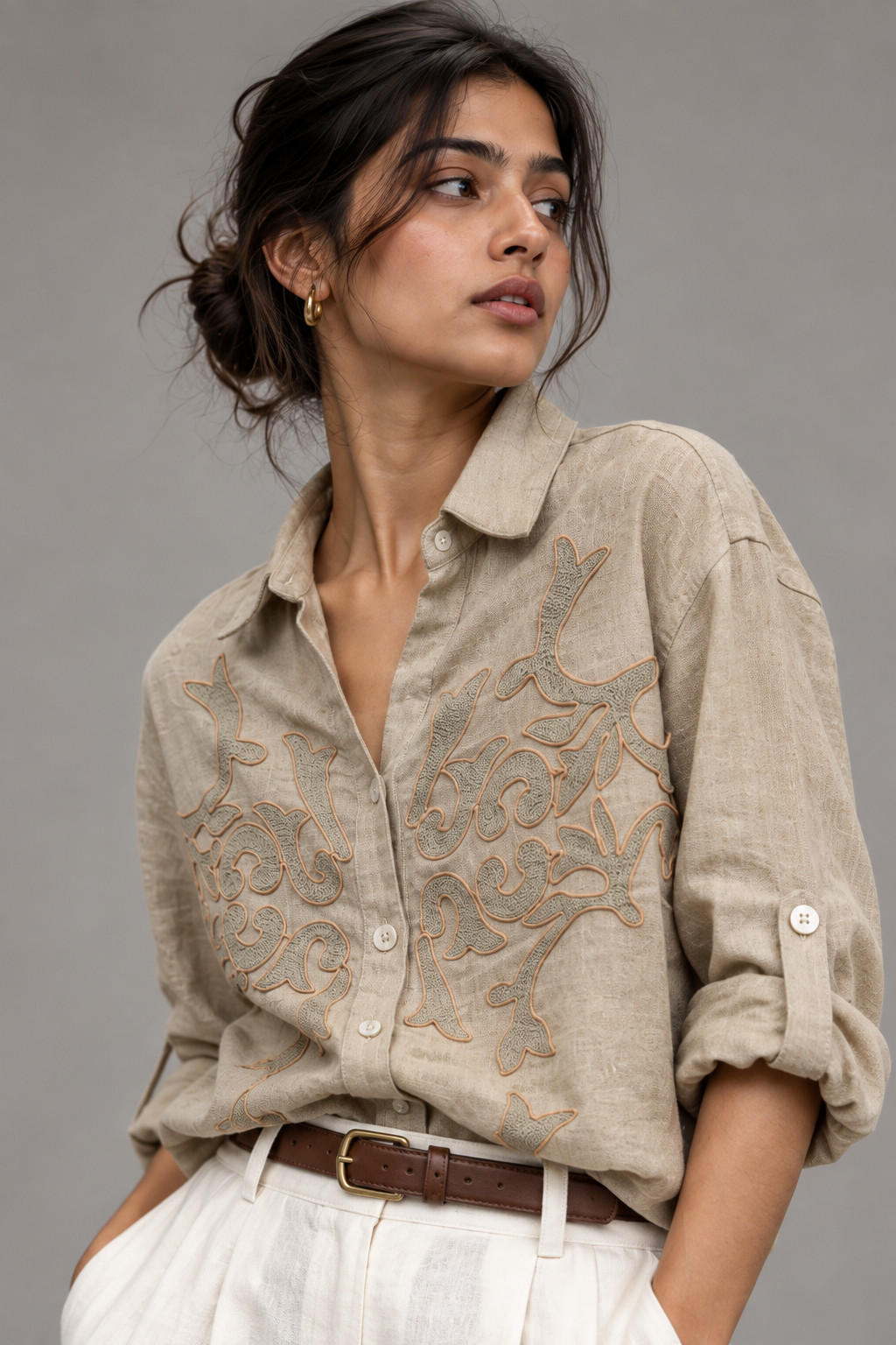Beige Tonal Embroidered Linen Shirt for Women view 4