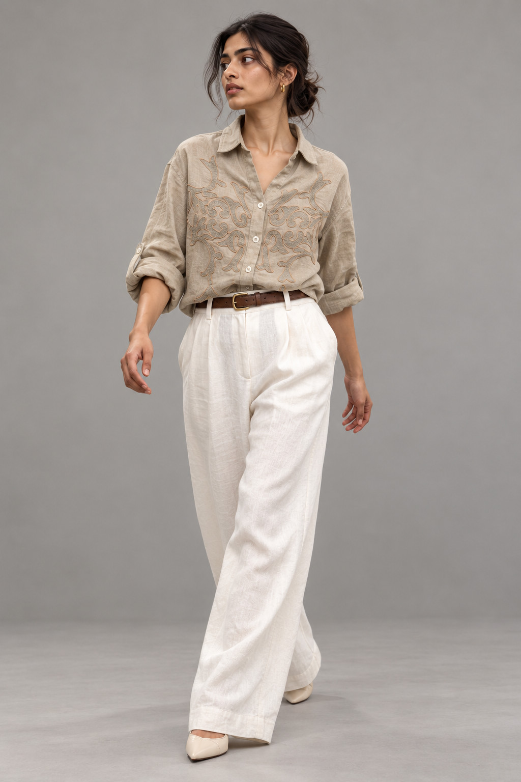 Beige Tonal Embroidered Linen Shirt for Women view 5