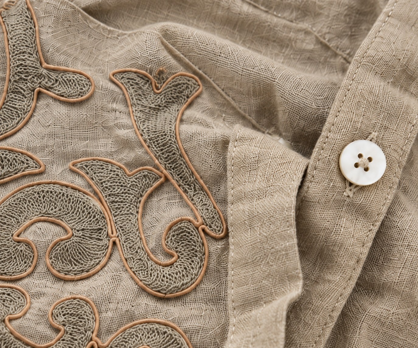 Beige Tonal Embroidered Linen Shirt for Women view 6