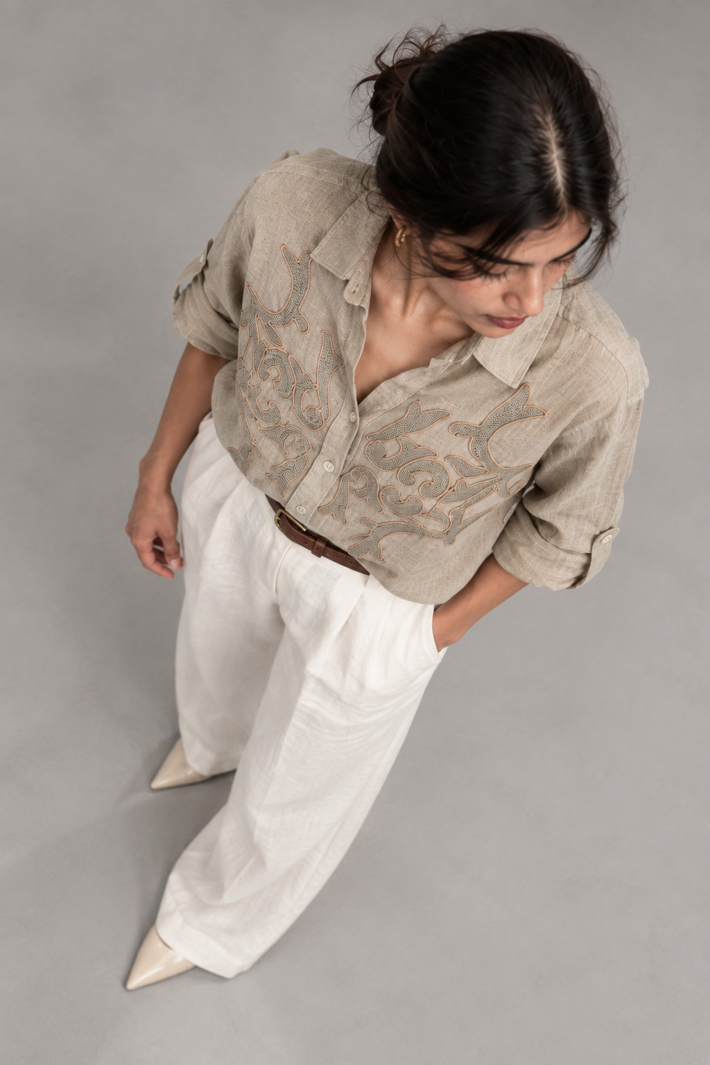 Beige Tonal Embroidered Linen Shirt for Women view 7