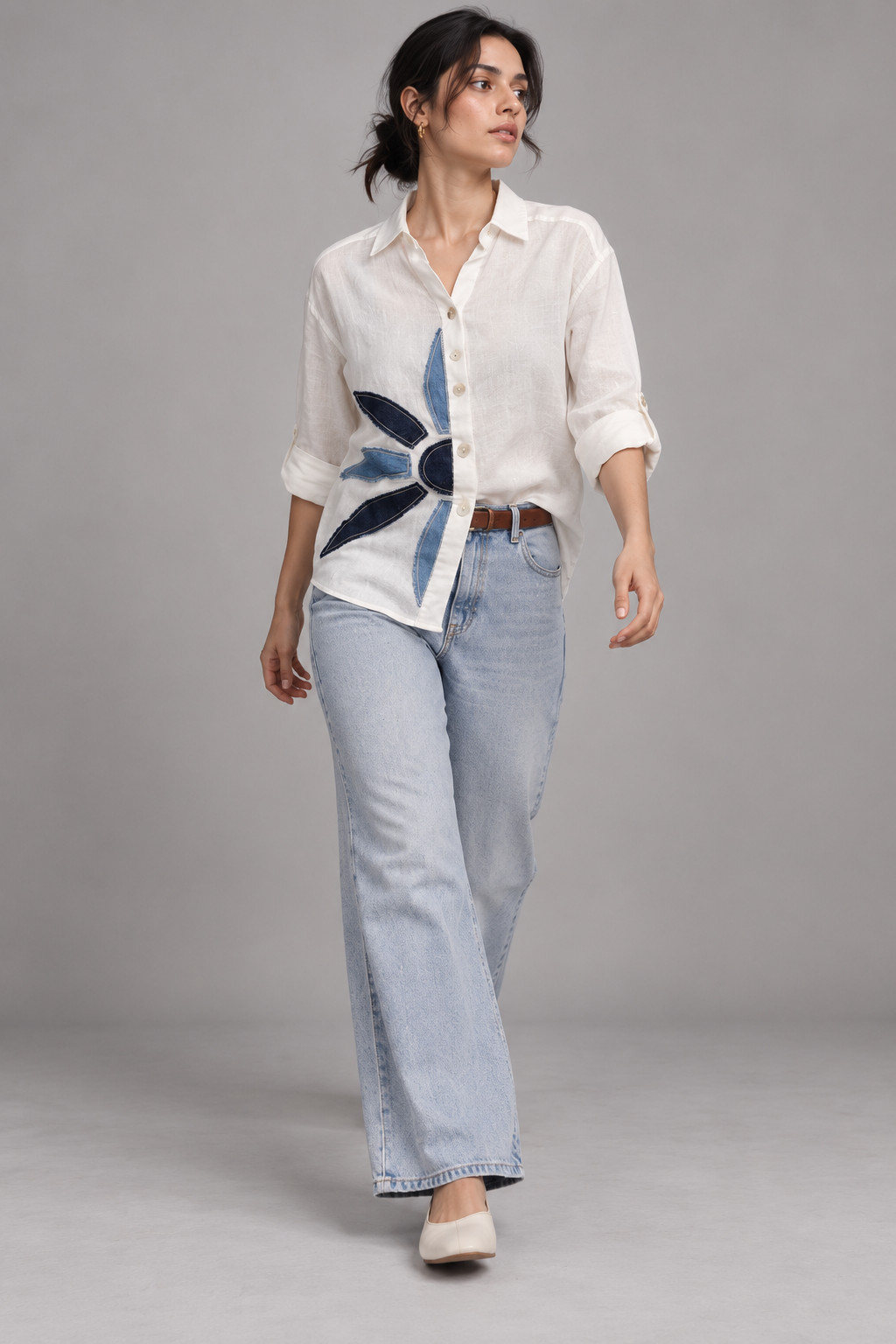 Elara Women’s Denim Patchwork Linen Shirt