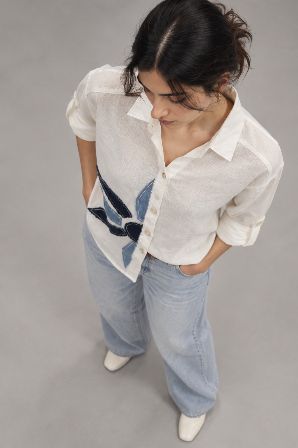 Elara Women’s Denim Patchwork Linen Shirt view 4