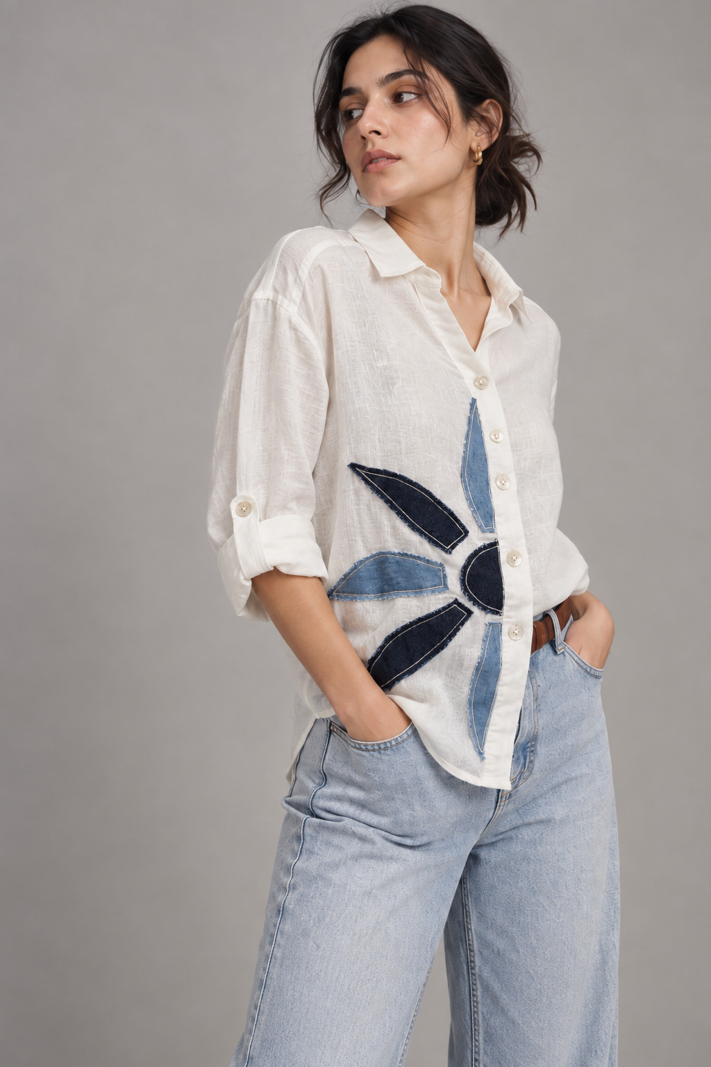 Elara Women’s Denim Patchwork Linen Shirt view 6