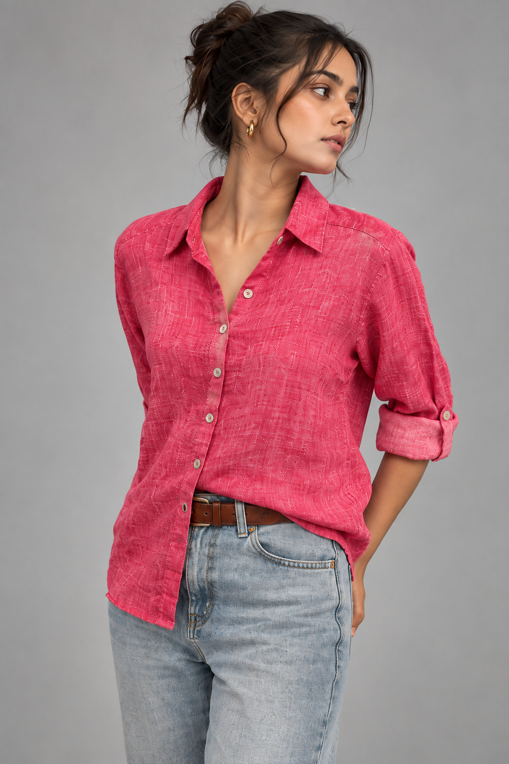 Fuchsia Pink Boyfriend Fit Linen Shirt for Women view 3