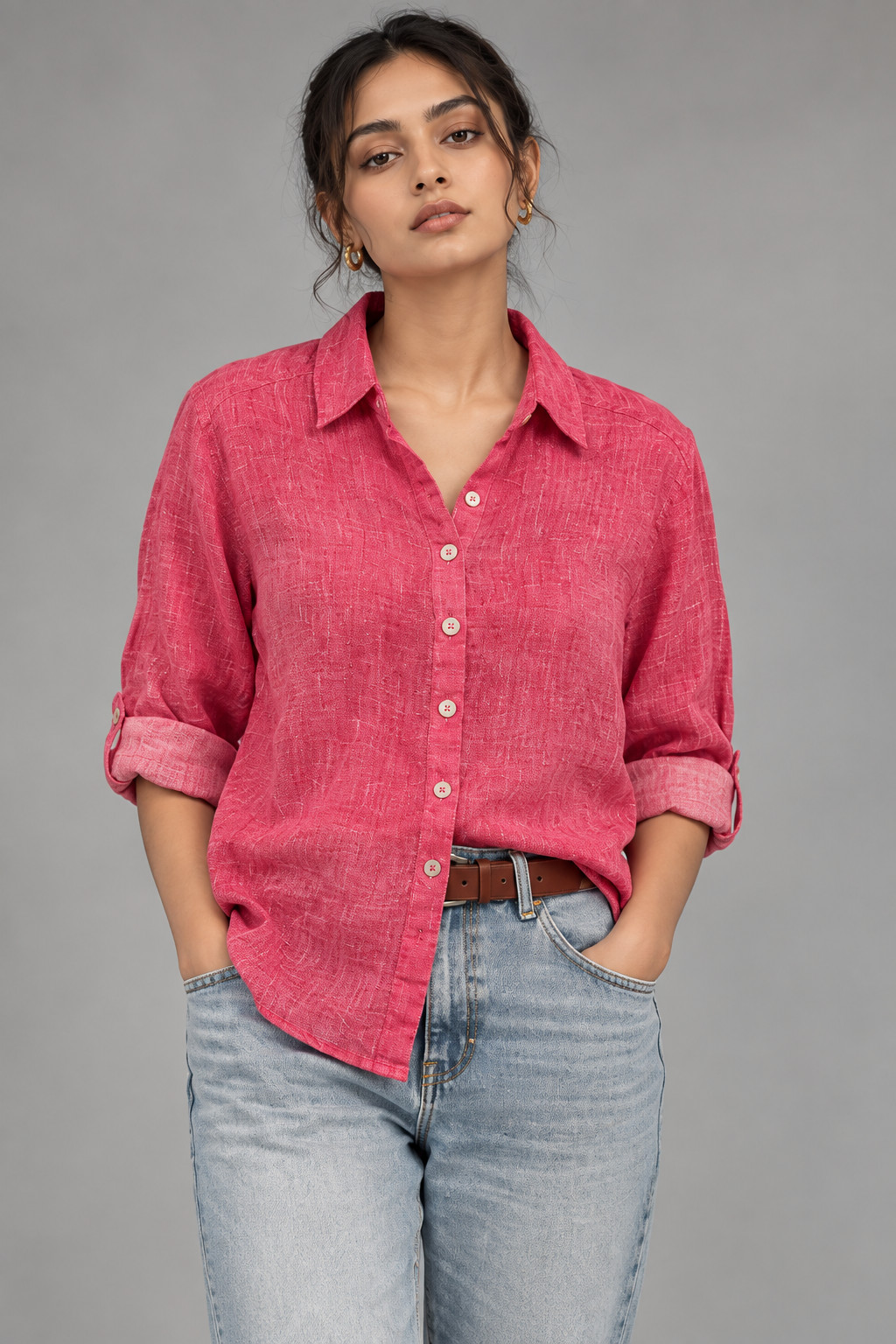 Fuchsia Pink Boyfriend Fit Linen Shirt for Women view 4