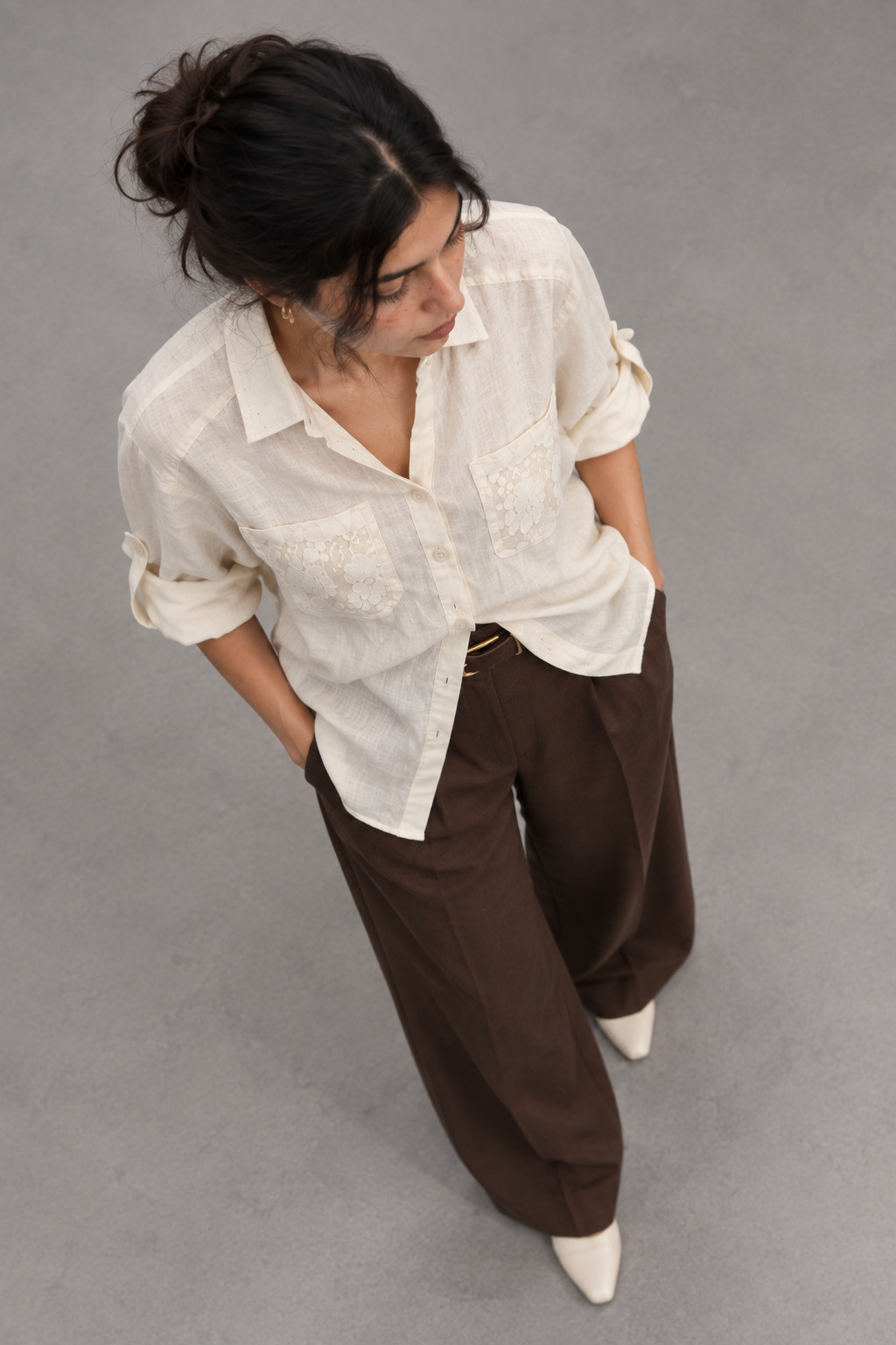 Ivory Linen Shirt with Lace Trim for Women