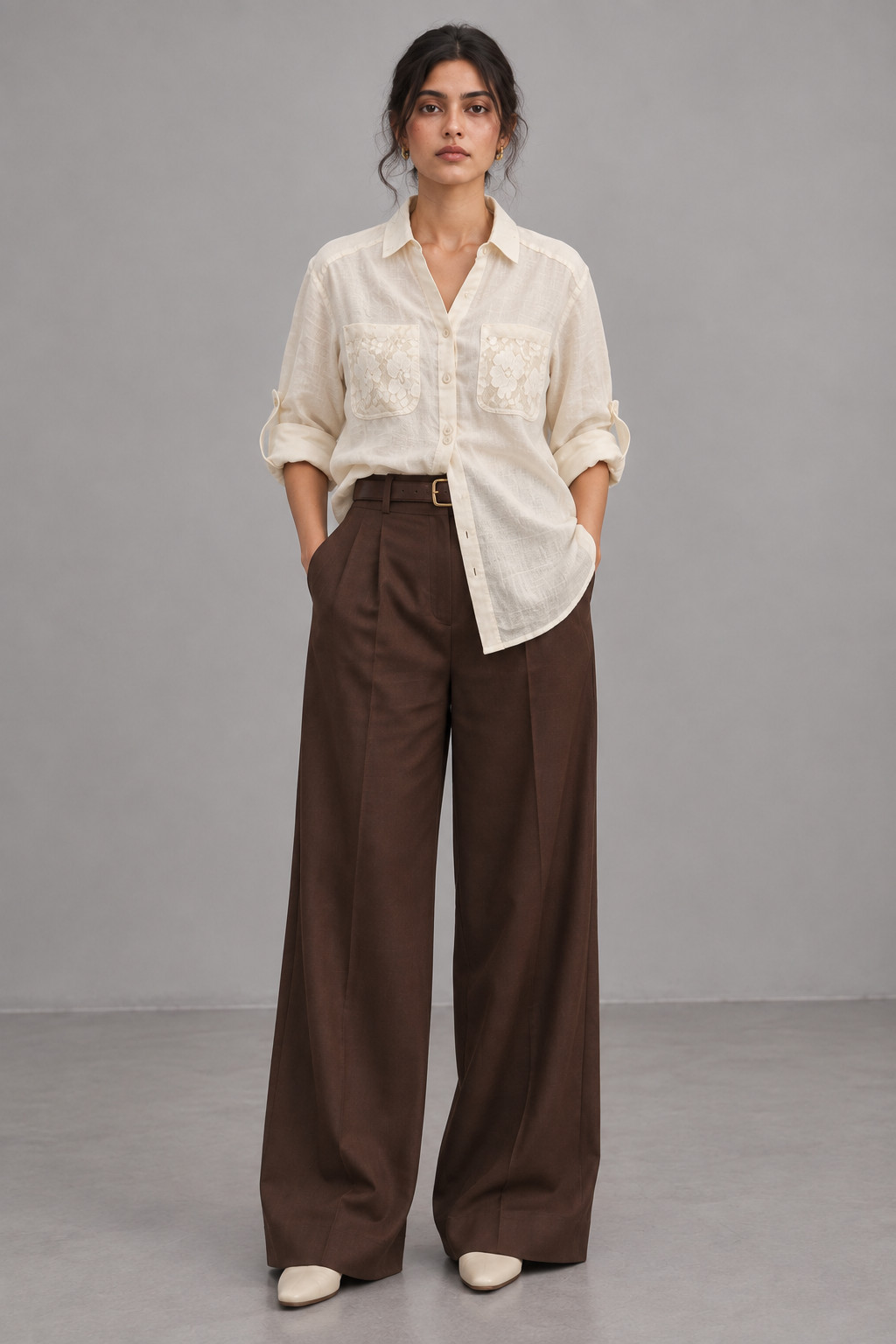 Ivory Linen Shirt with Lace Trim for Women view 4