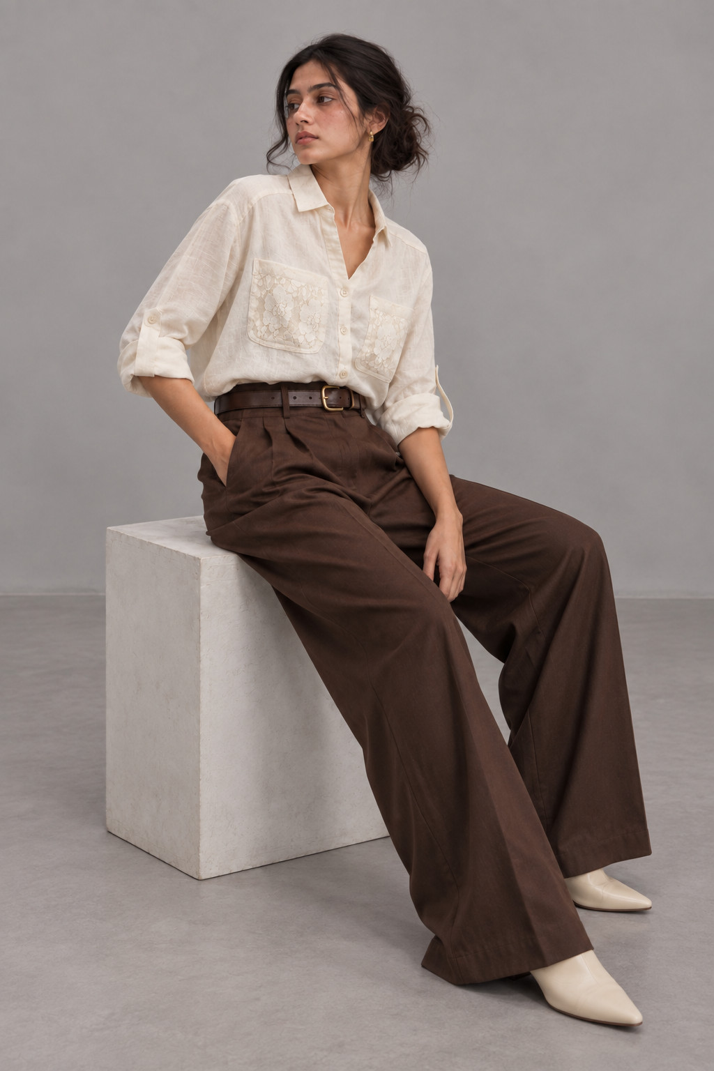 Ivory Linen Shirt with Lace Trim for Women view 5