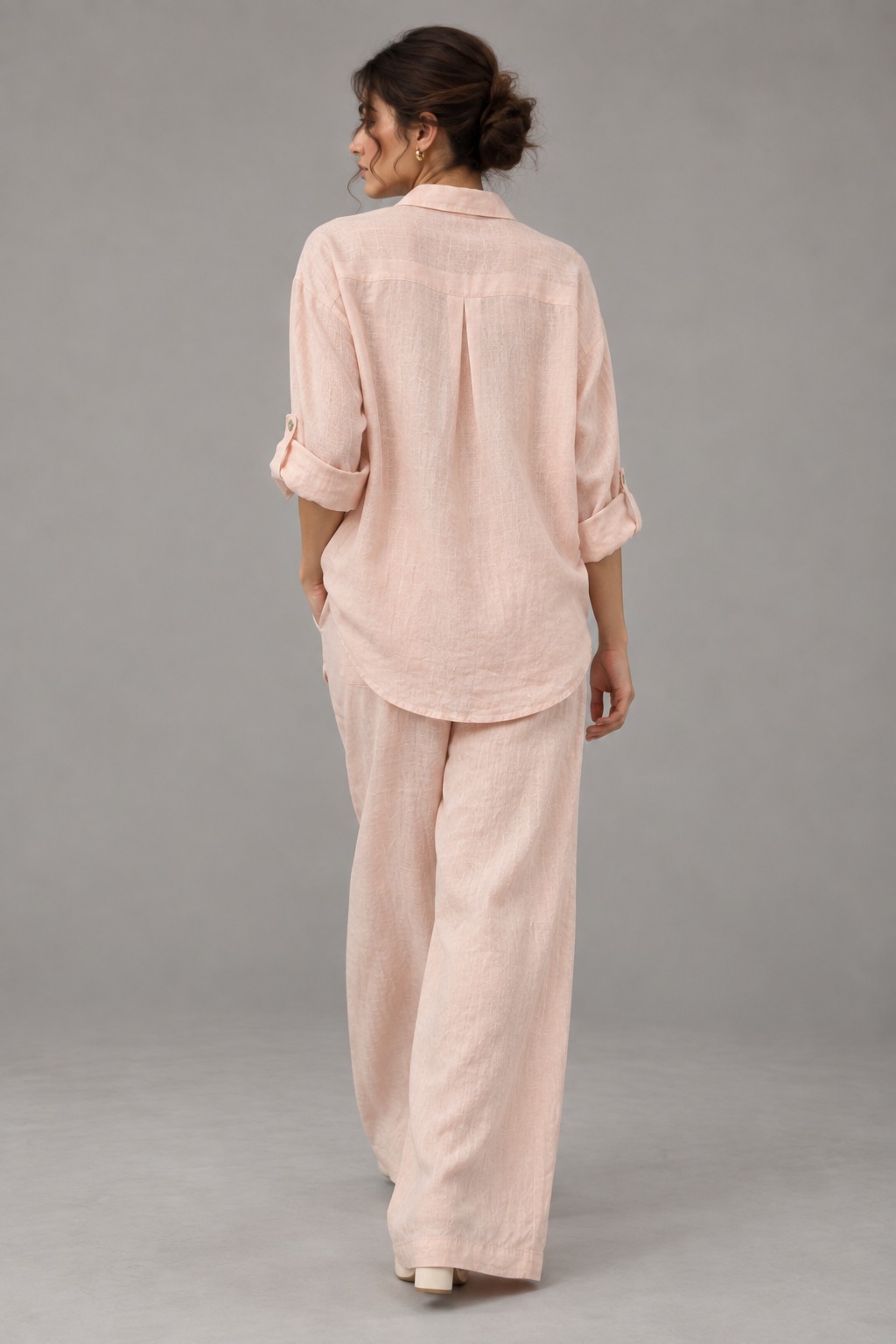 Light Pink Floral Embroidered Linen Shirt for Women view 2
