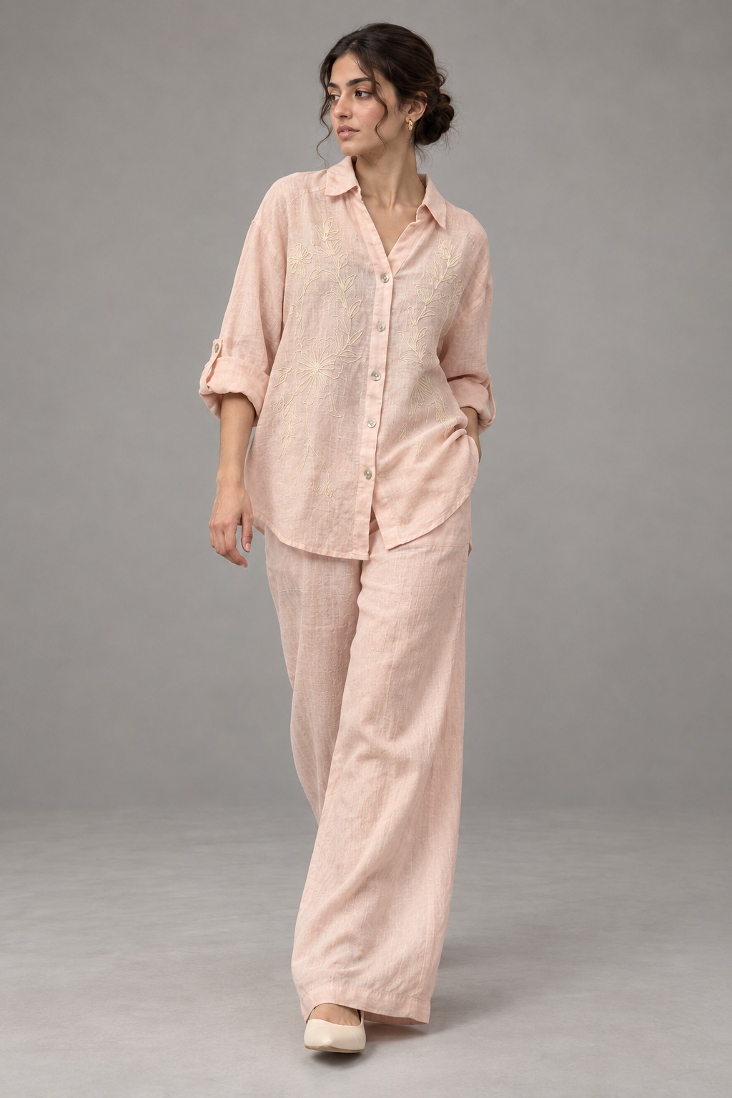 Light Pink Floral Embroidered Linen Shirt for Women view 4