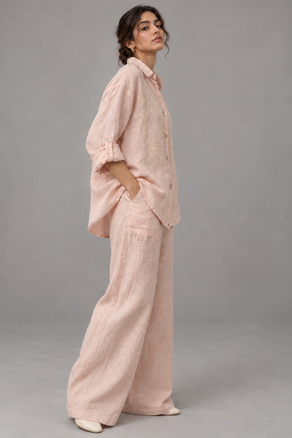 Light Pink Floral Embroidered Linen Shirt for Women view 5