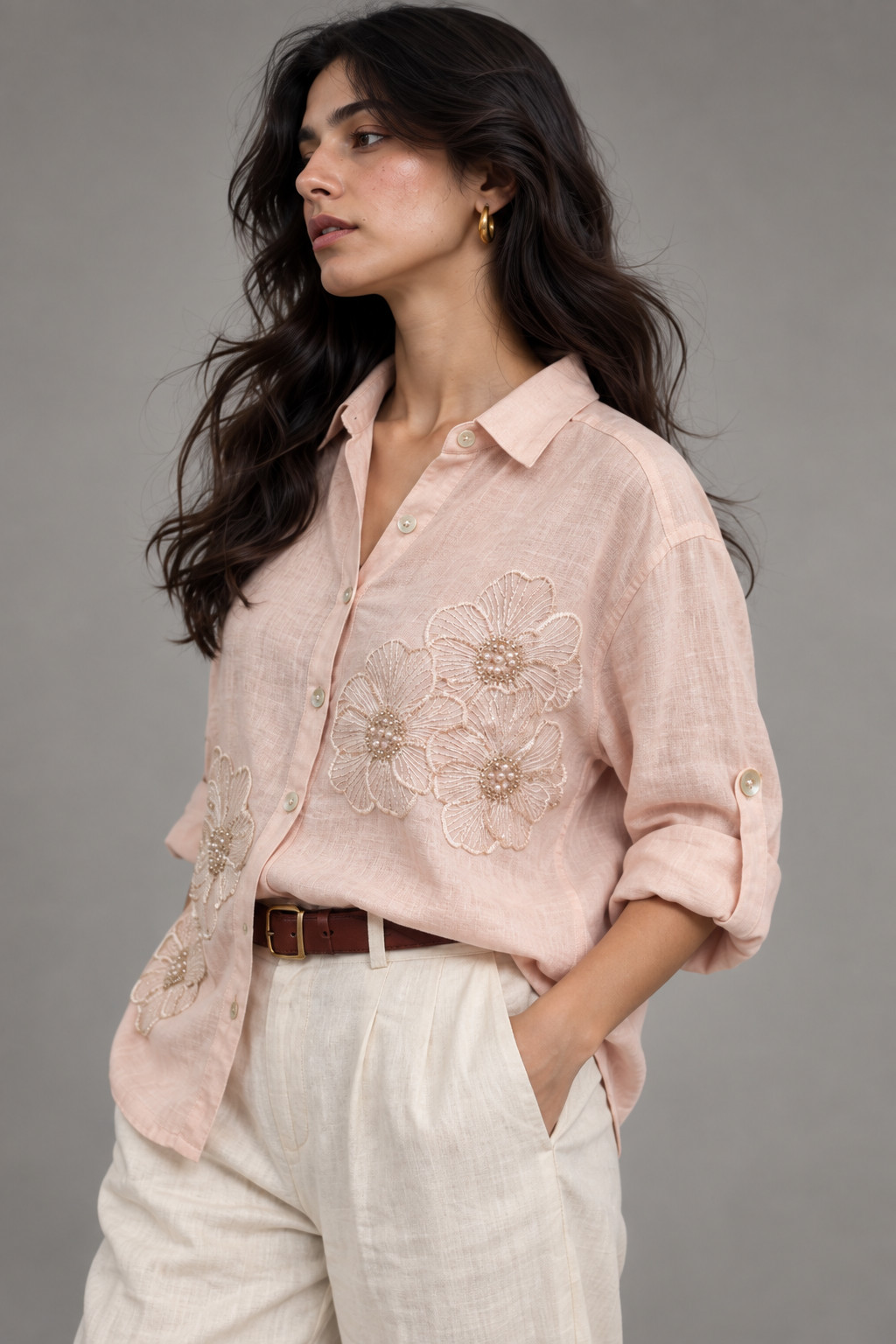 Light Pink Tonal Embroidered Linen Shirt for Women view 2