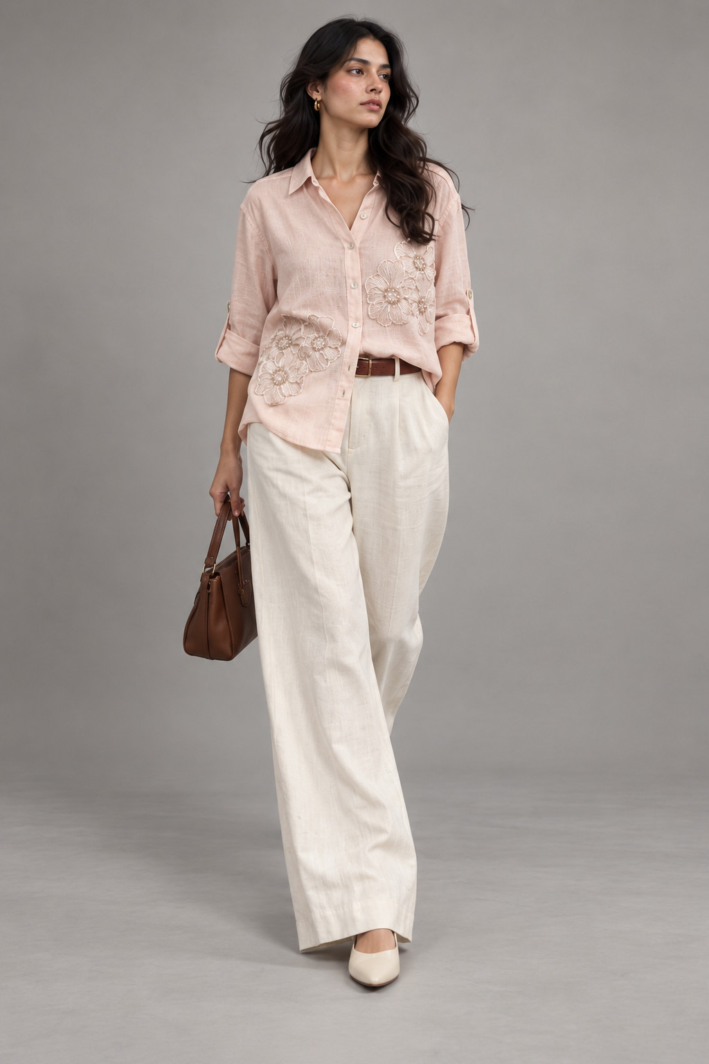 Light Pink Tonal Embroidered Linen Shirt for Women view 3
