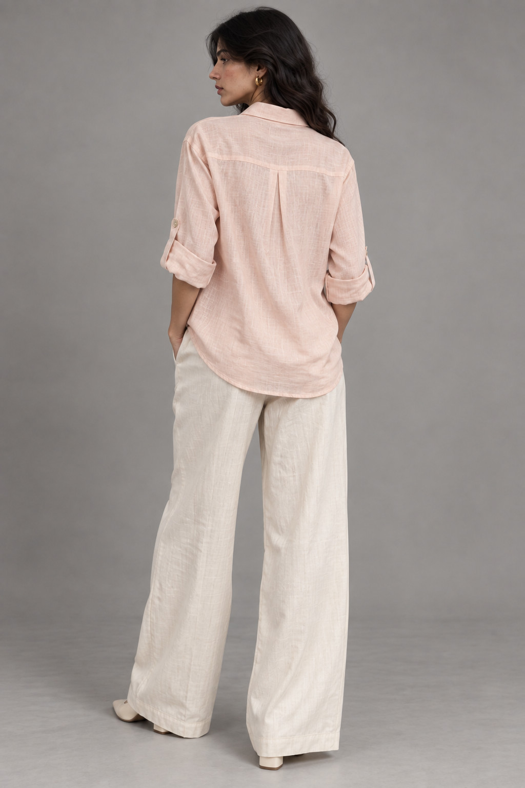 Light Pink Tonal Embroidered Linen Shirt for Women view 4