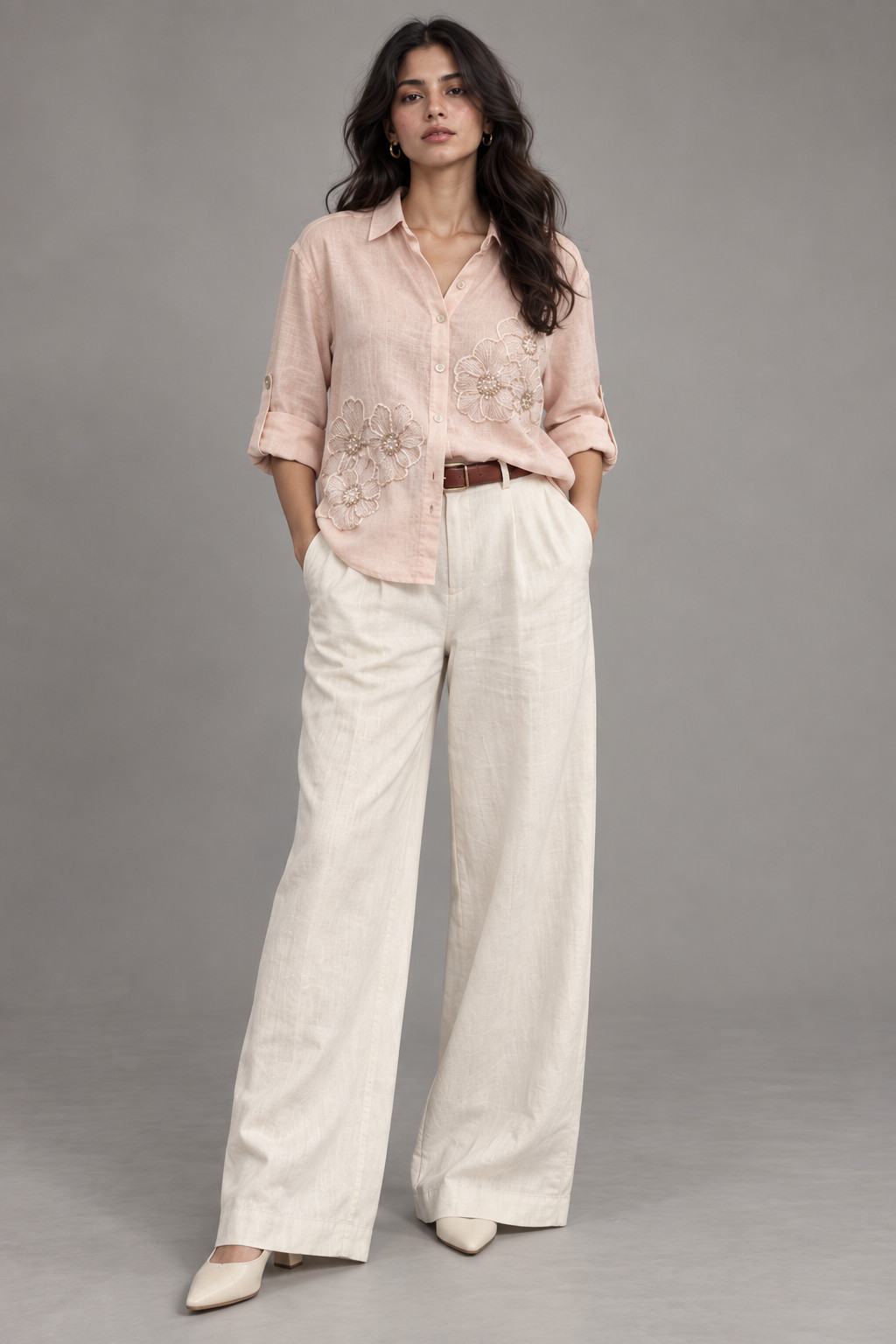 Light Pink Tonal Embroidered Linen Shirt for Women view 5