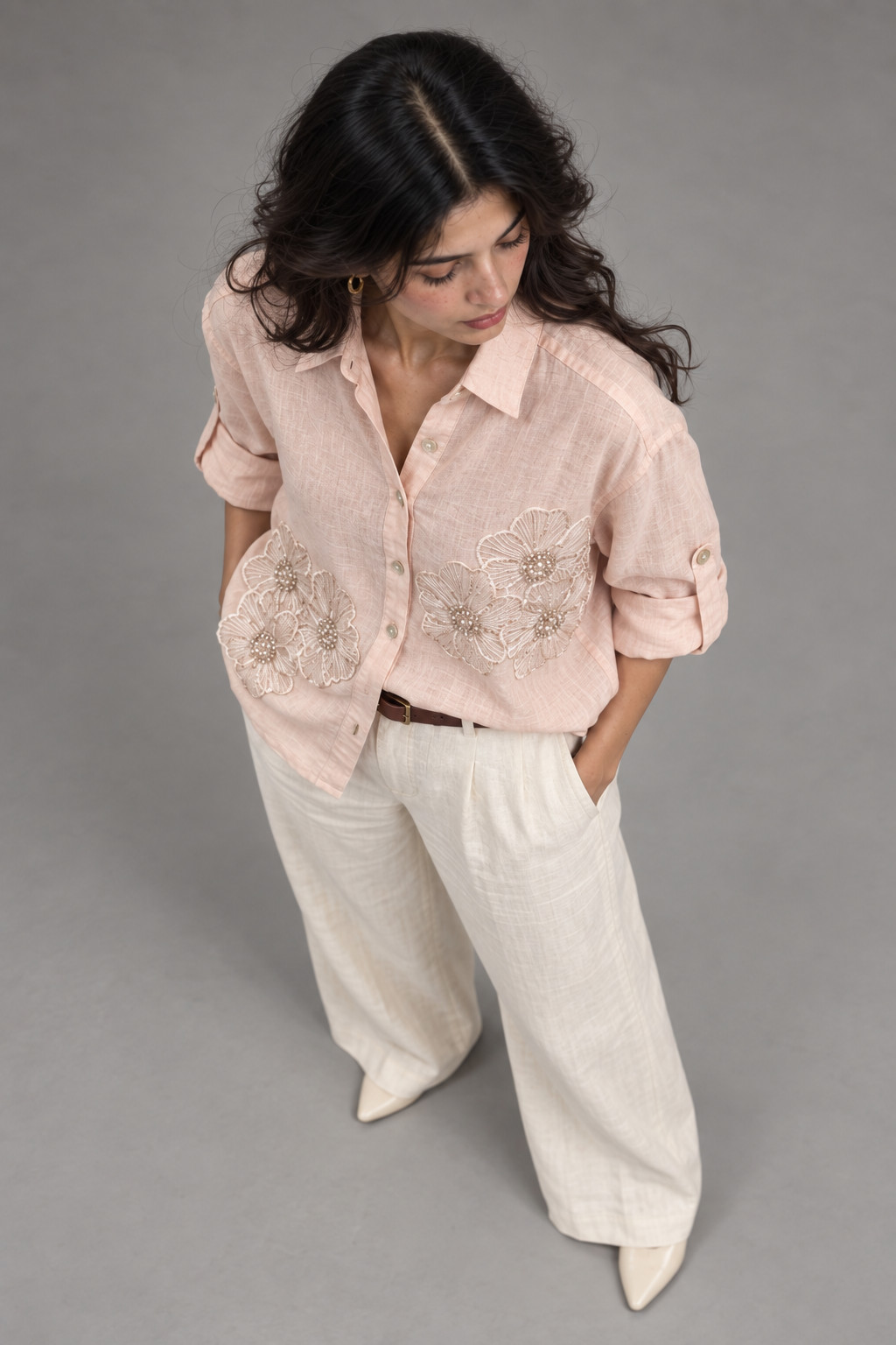 Light Pink Tonal Embroidered Linen Shirt for Women view 6