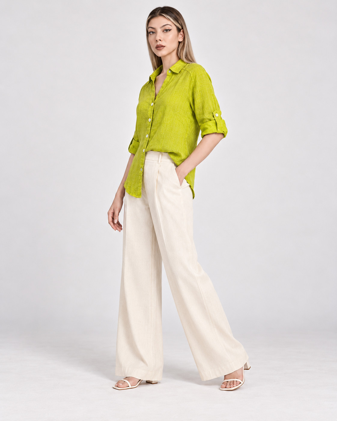Lime Green Oversized Linen Shirt for Women view 2