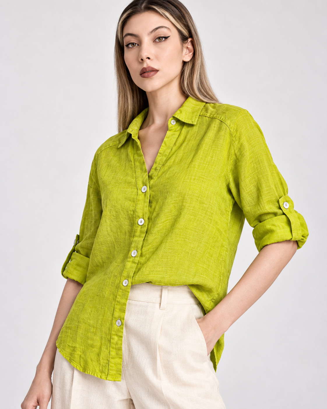Lime Green Oversized Linen Shirt for Women view 4