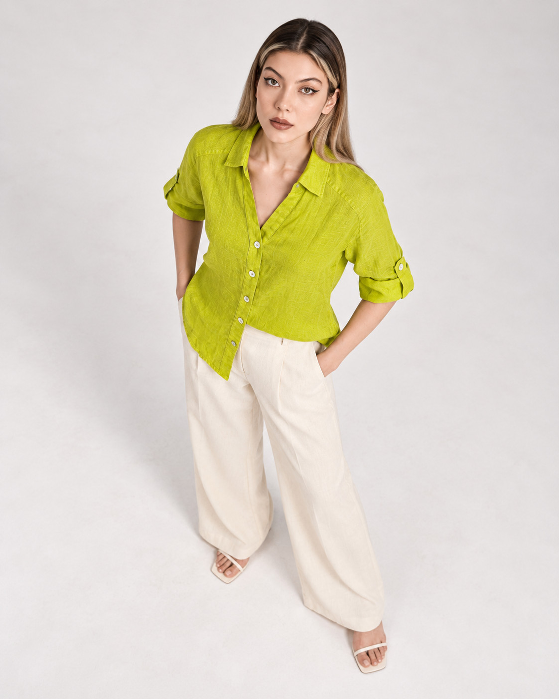 Lime Green Oversized Linen Shirt for Women view 5
