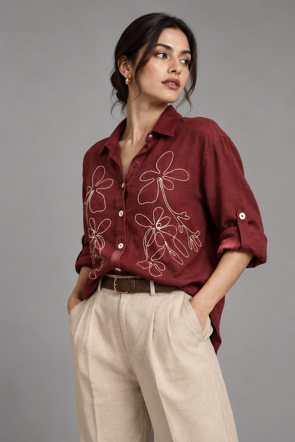 Maroon Outline Embroidered Linen Shirt for Women