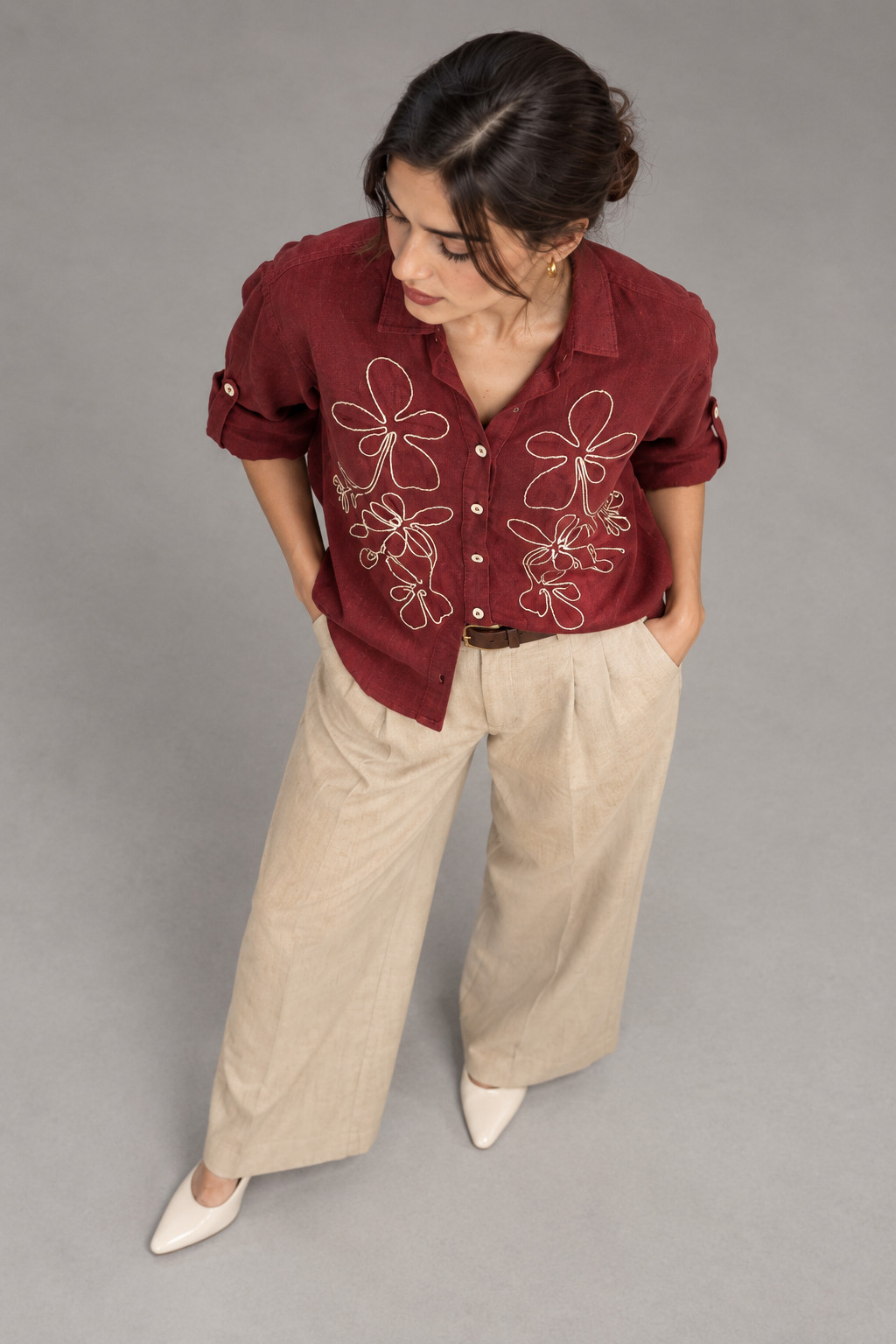 Maroon Outline Embroidered Linen Shirt for Women view 2
