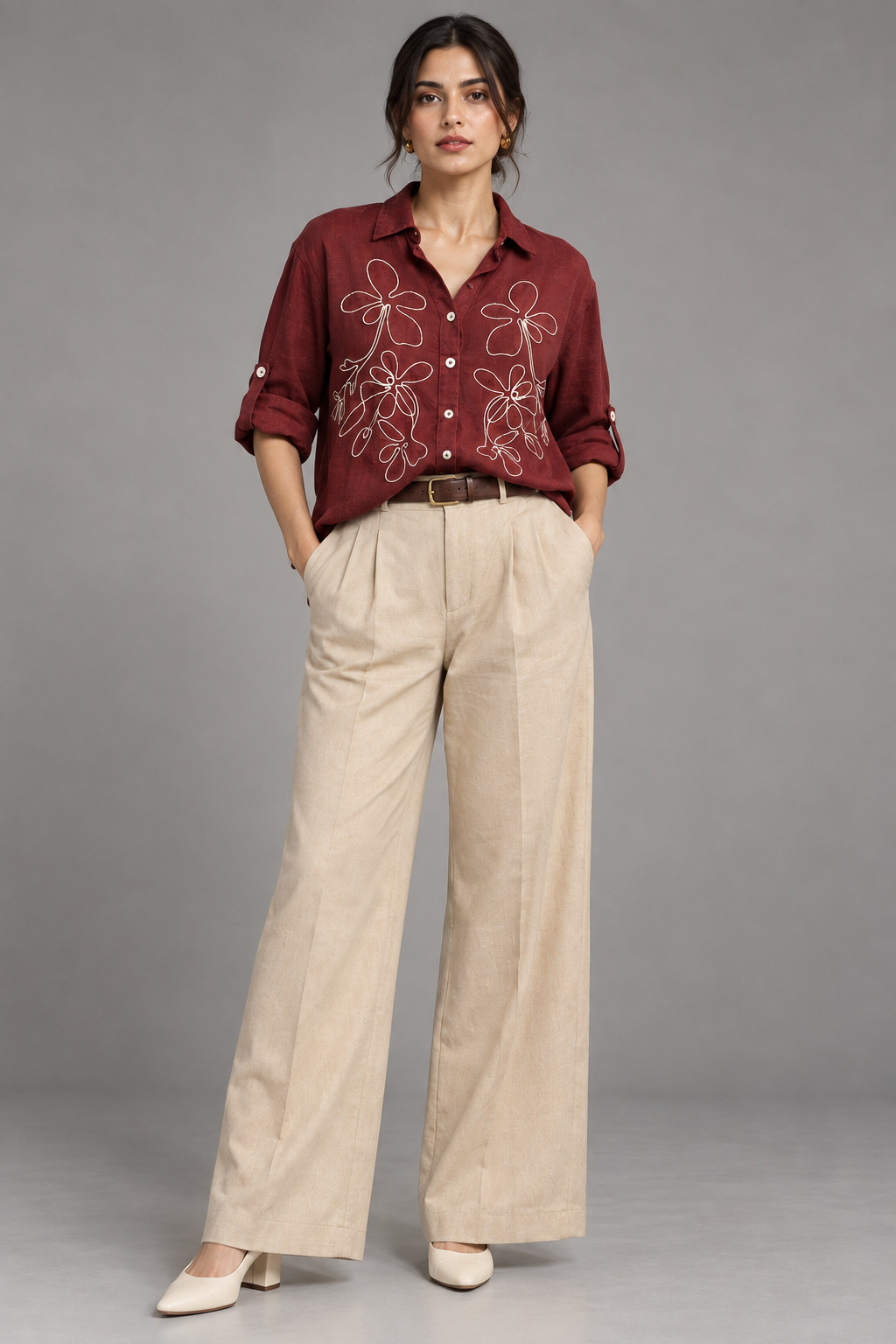 Maroon Outline Embroidered Linen Shirt for Women view 3