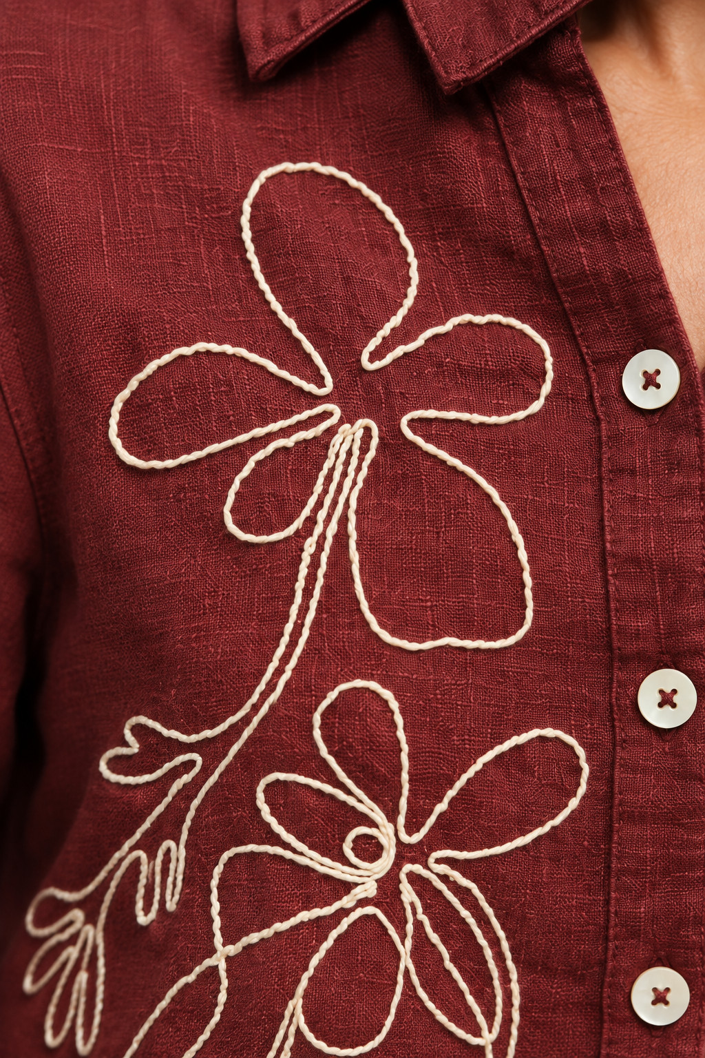 Maroon Outline Embroidered Linen Shirt for Women view 4