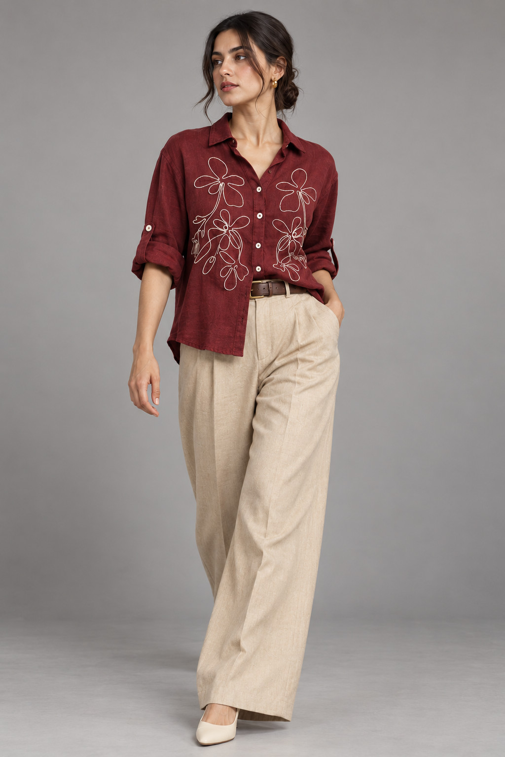 Maroon Outline Embroidered Linen Shirt for Women view 5