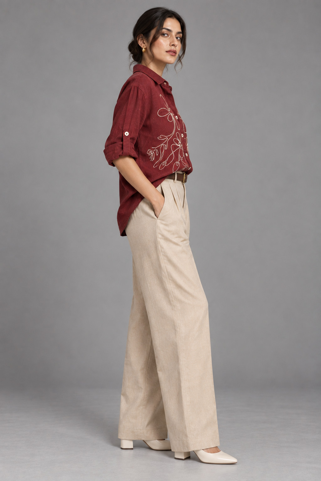 Maroon Outline Embroidered Linen Shirt for Women view 6