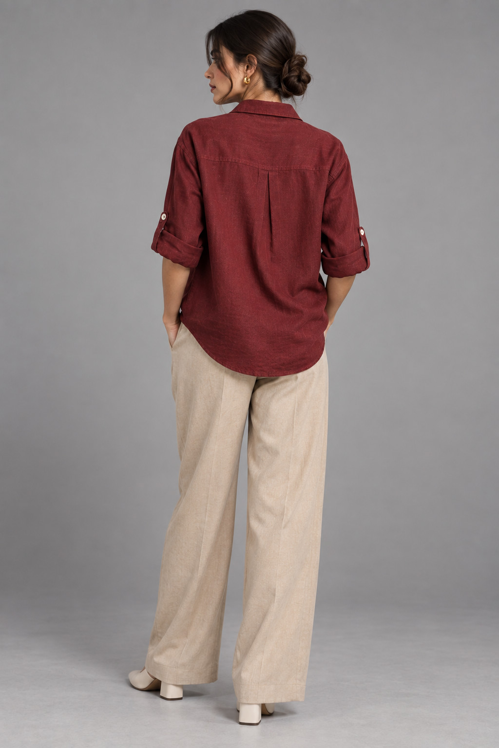 Maroon Outline Embroidered Linen Shirt for Women view 7