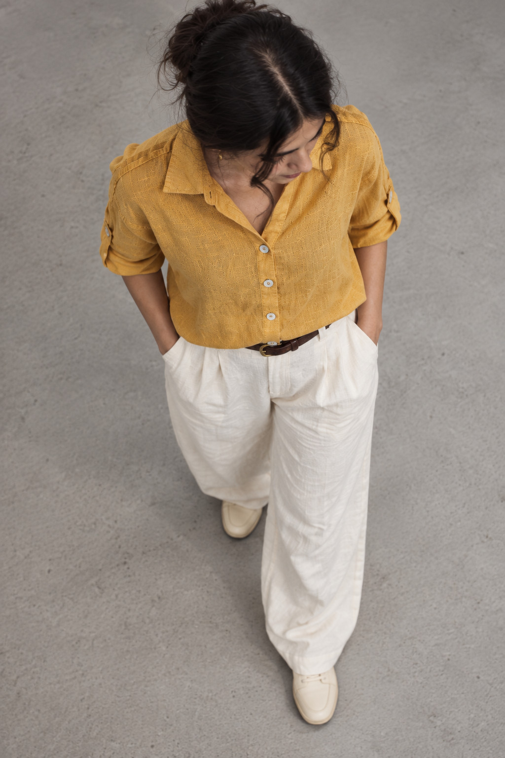 Mustard Yellow Button-Down Linen Shirt for Women