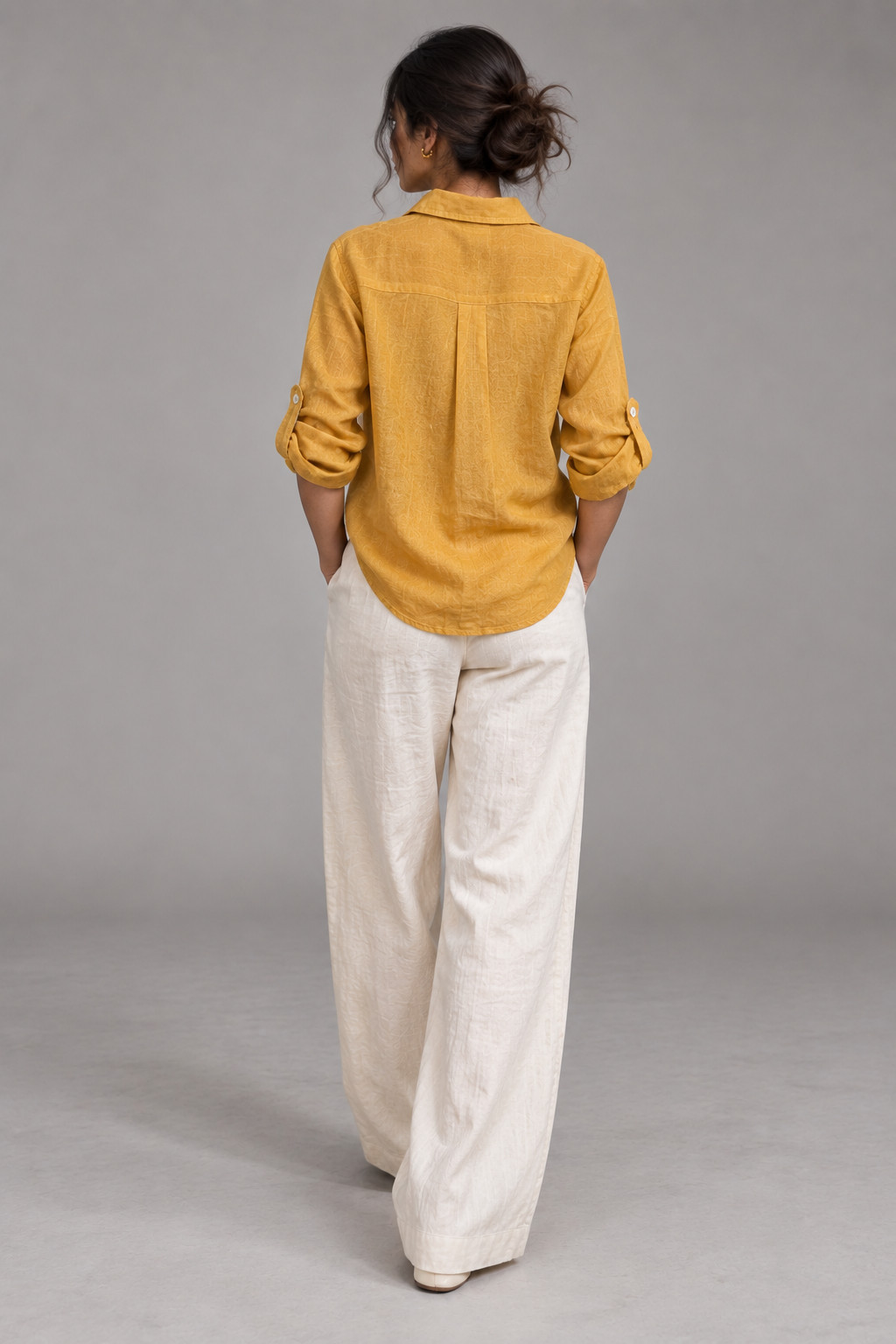 Mustard Yellow Button-Down Linen Shirt for Women view 3