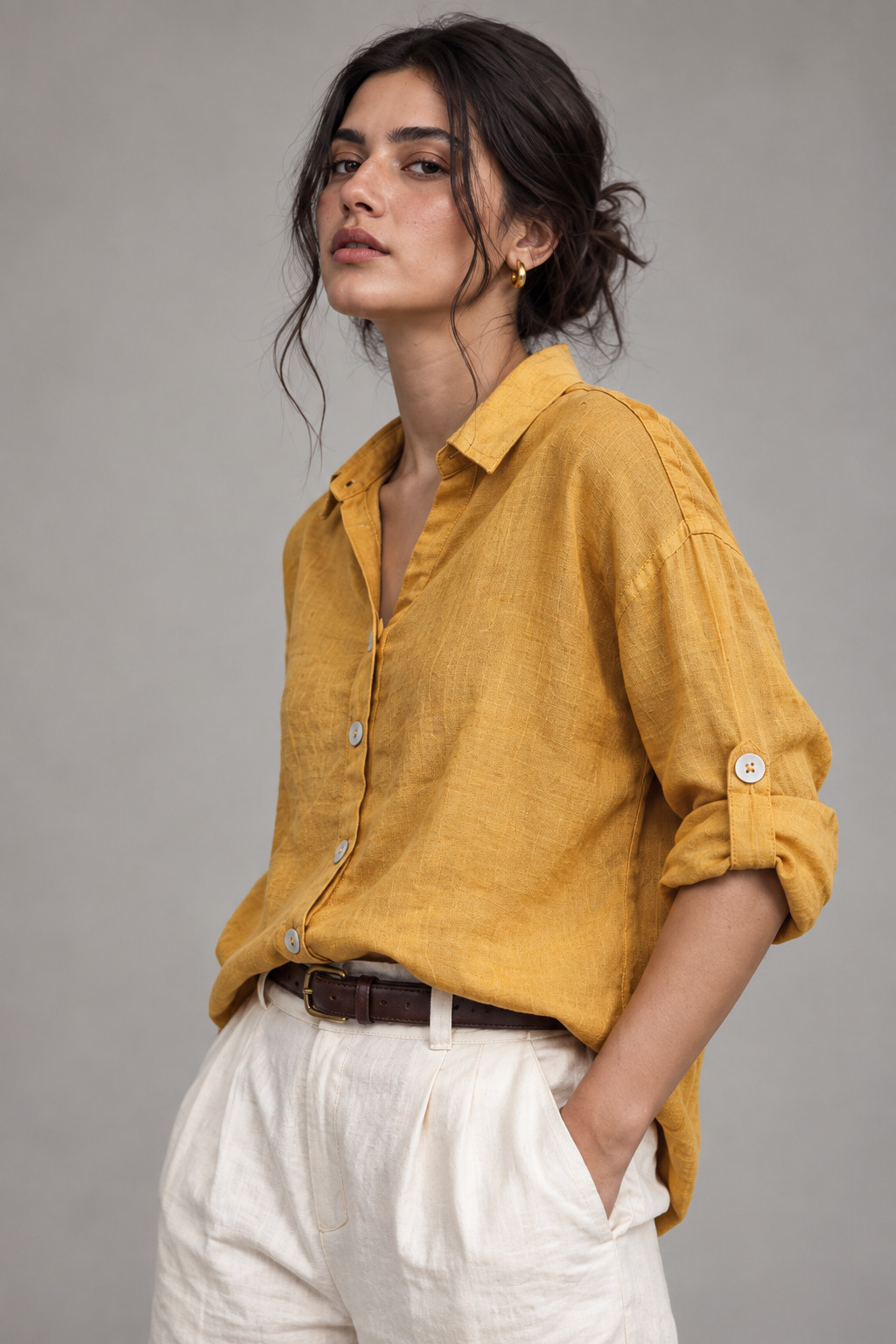 Mustard Yellow Button-Down Linen Shirt for Women view 4